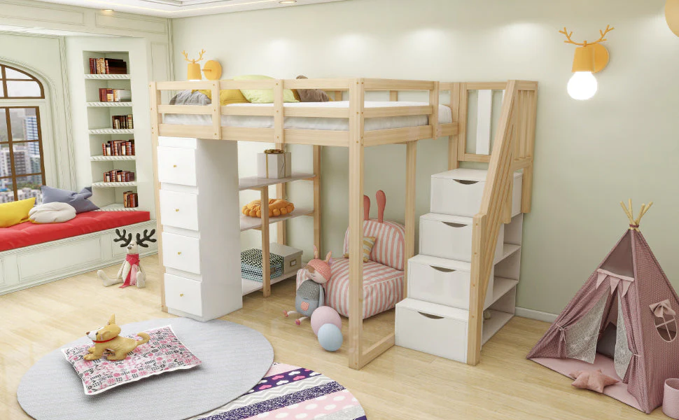 Loft Bed 140x200cm with Storage Drawers, Shelves, & Ladder, Solid Wood - Image 4