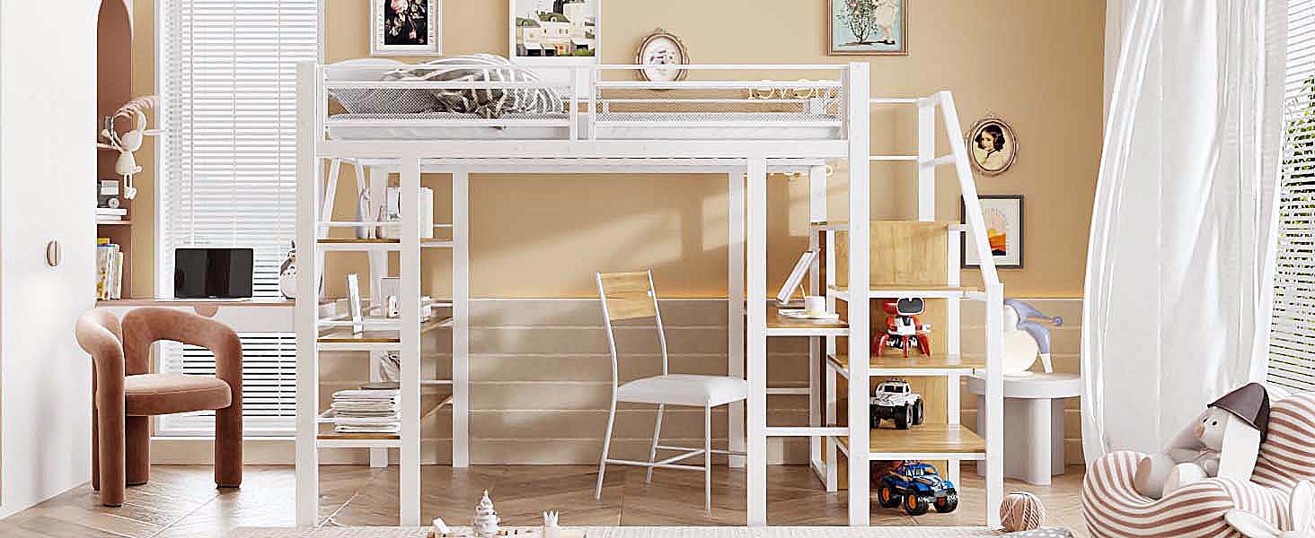 Loft Bed, 140x200cm with Storage Shelf, Desk, Wardrobe, Safety Steps, Iron, White - Image 4