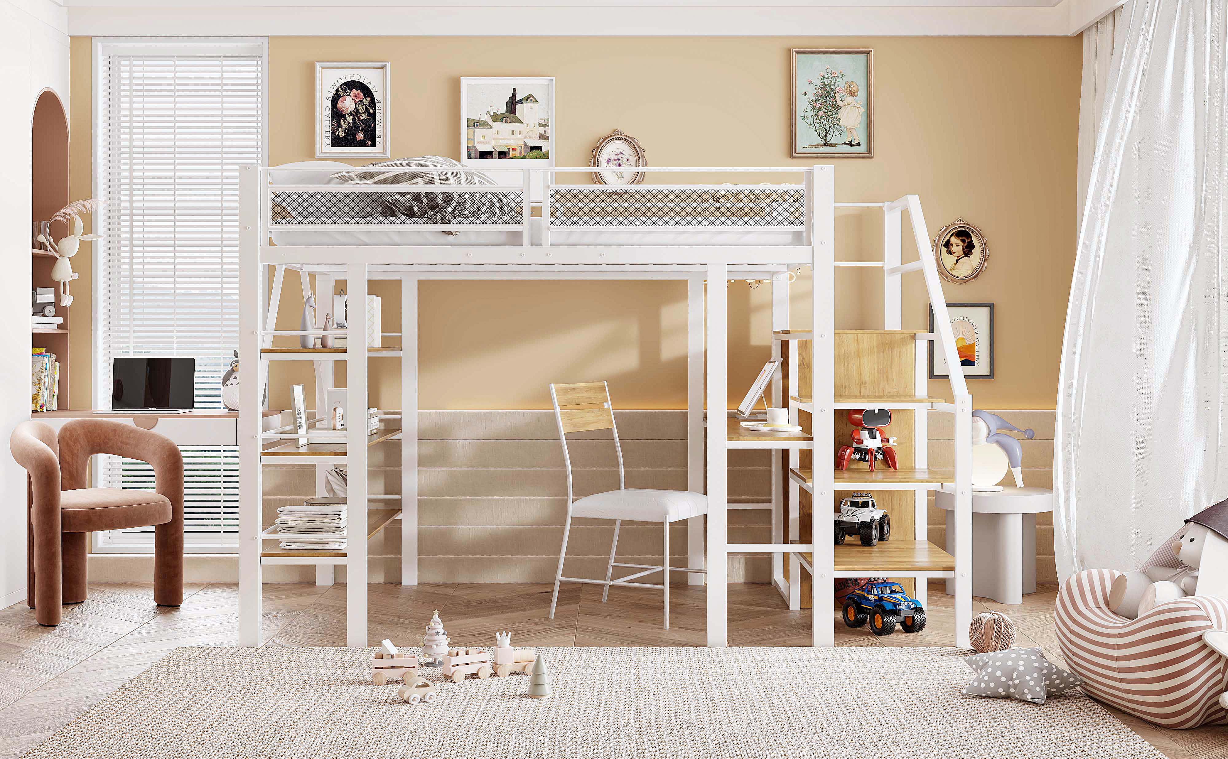 Loft Bed, 140x200cm with Storage Shelf, Desk, Wardrobe, Safety Steps, Iron, White - Image 8