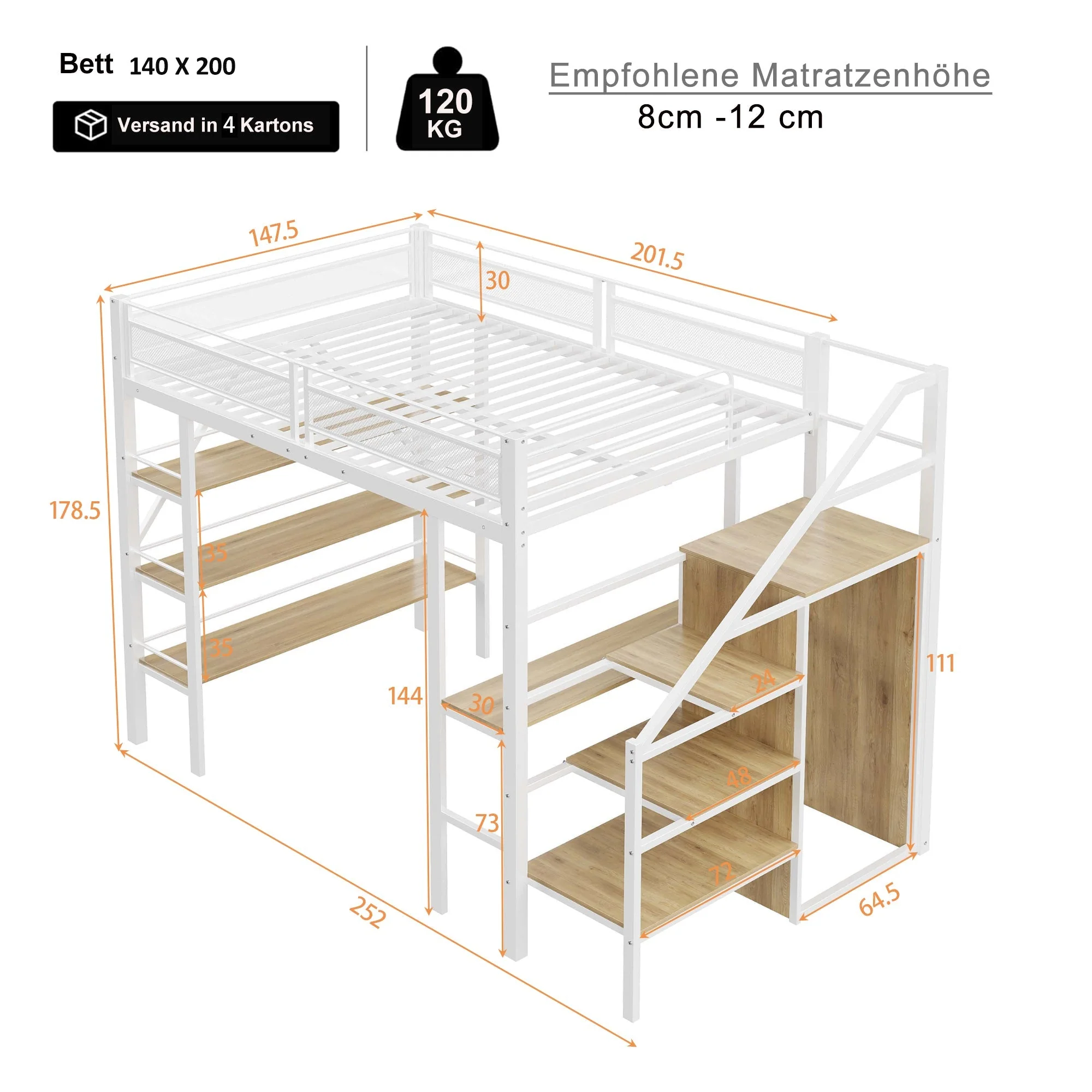 Loft Bed, 140x200cm with Storage Shelf, Desk, Wardrobe, Safety Steps, Iron, White - Image 9