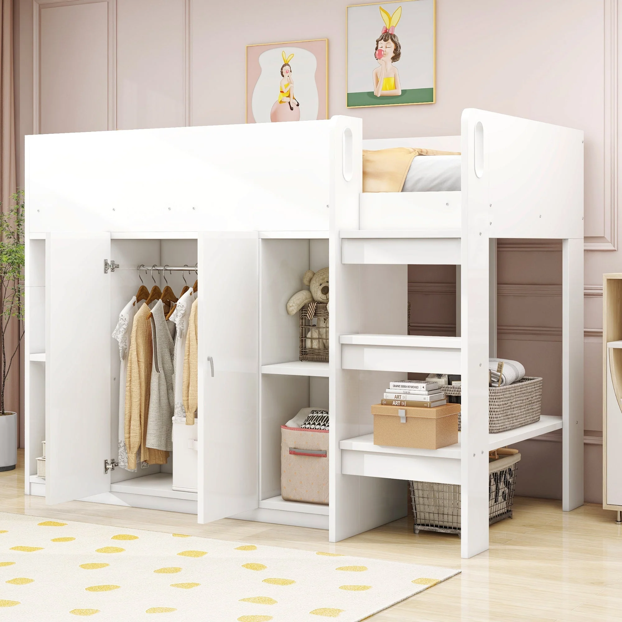 Loft Bed 90*200, Storage, Wardrobe, Shelves, Ladder, White - Image 4