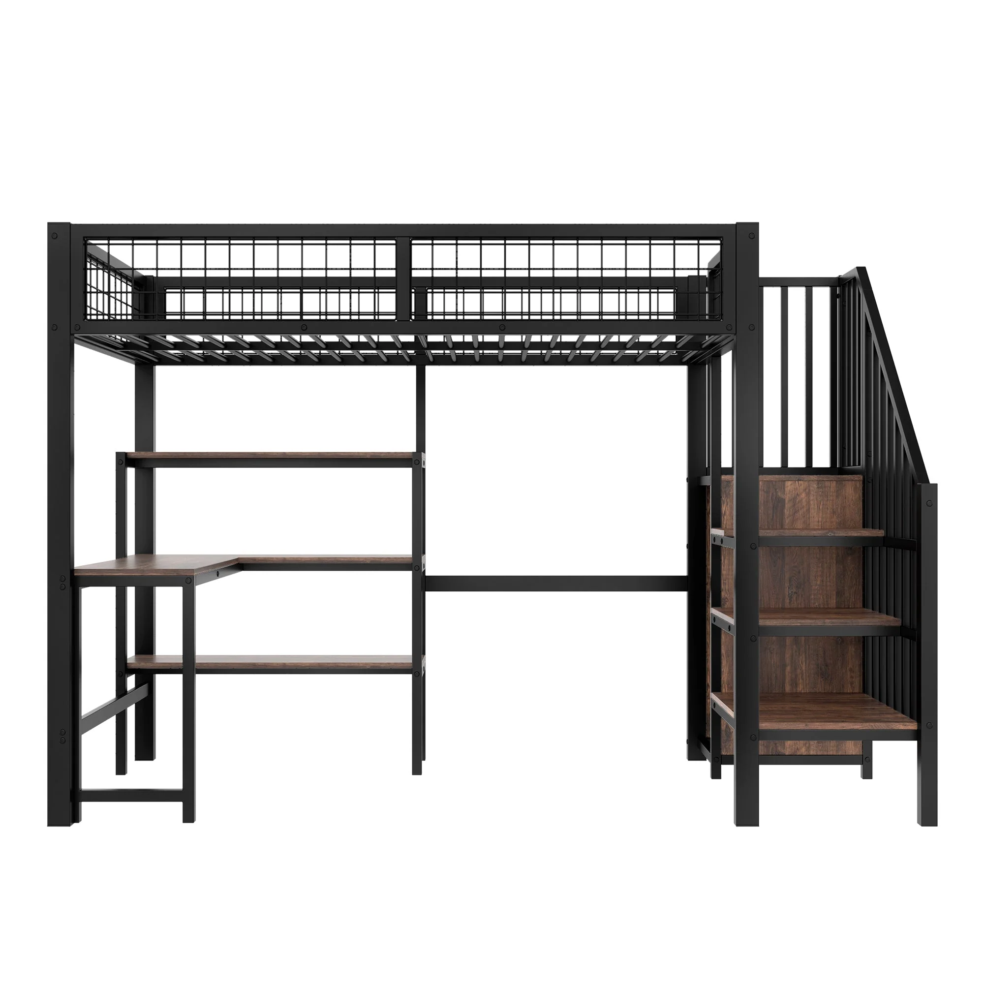 Loft Bed 90*200cm with Desk, Wardrobe and Storage Shelves, Black Iron and MDF - Image 7