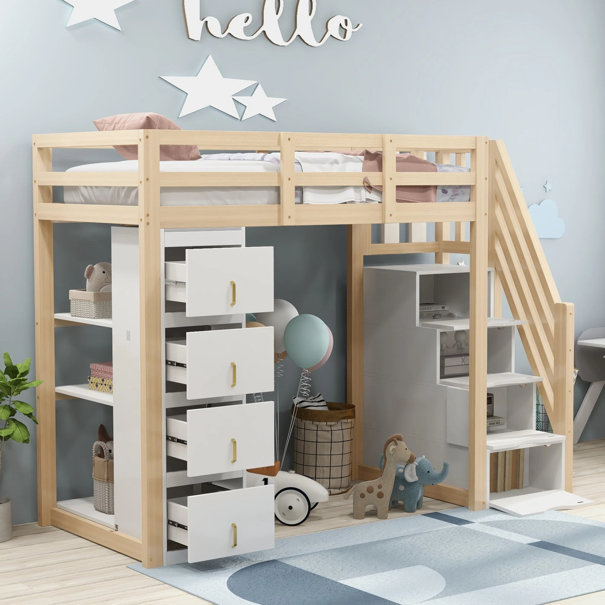 Loft Bed, 90 x 200 cm with Storage & Ladder, Solid Wood - Image 3