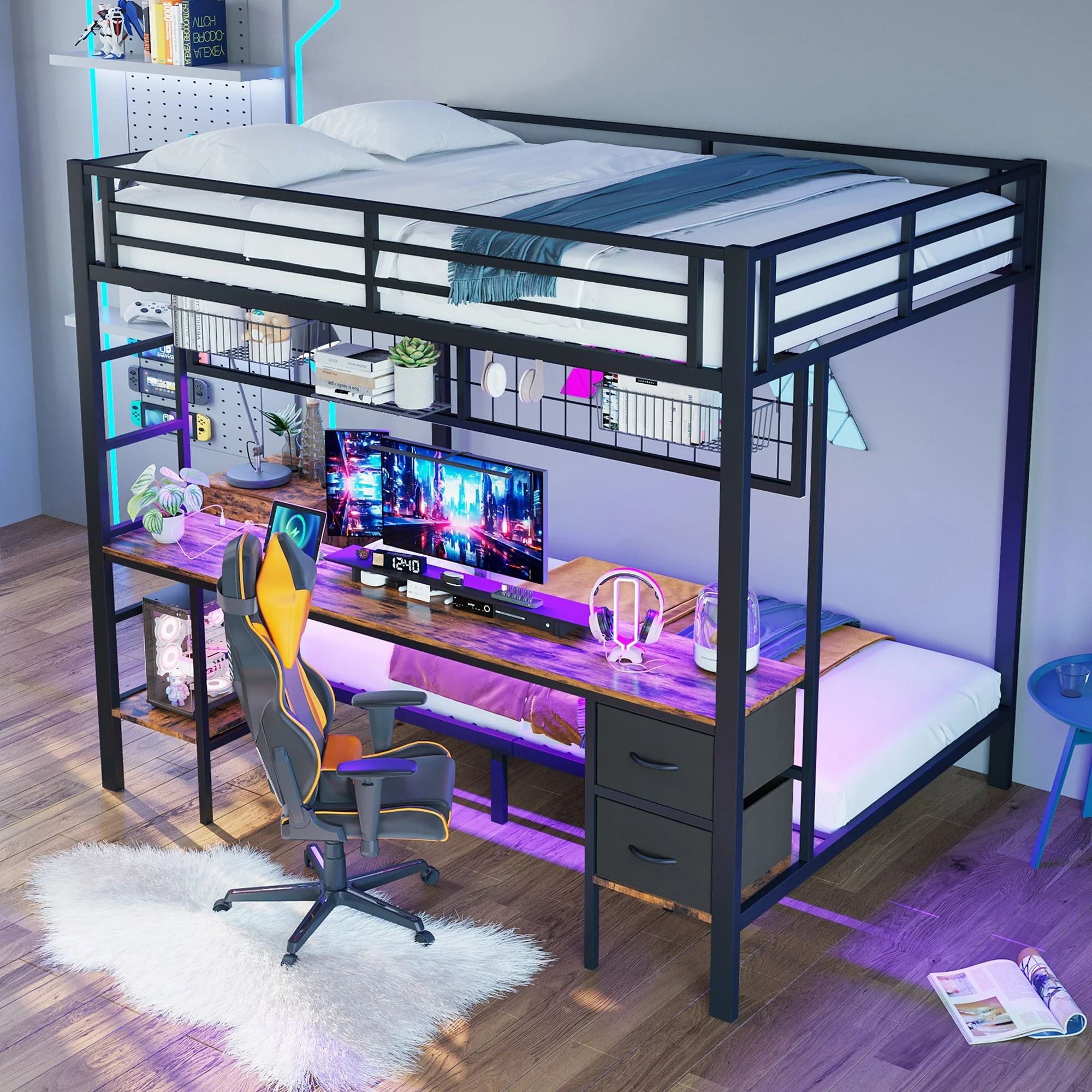 Loft Bed 90x200/140x200 Iron Frame Drawers Desk Storage LED USB Black - Image 5