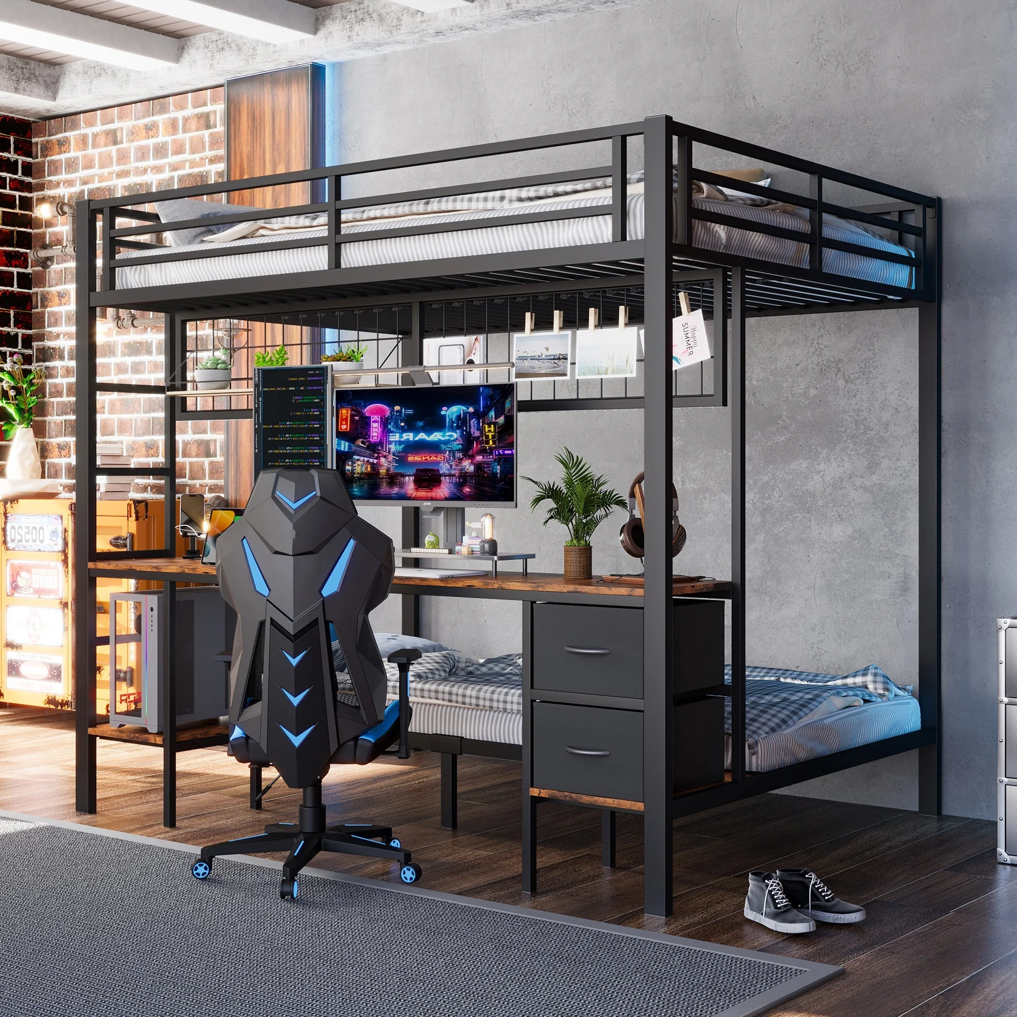 Loft Bed 90x200/140x200 Iron Frame Drawers Desk Storage LED USB Black - Image 8