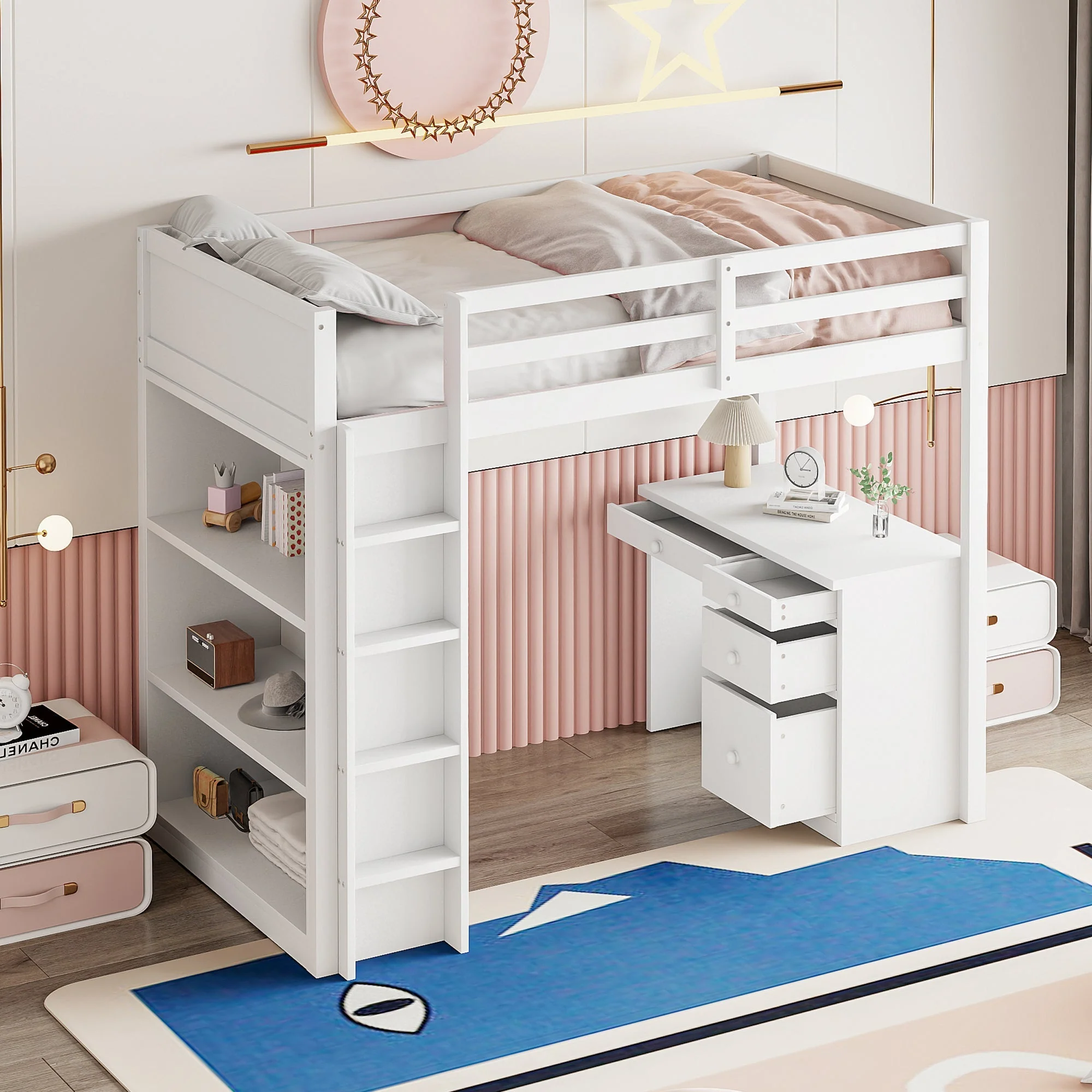 Loft Bed, 90x200 cm, Storage & Desk, Wood White - Image 2