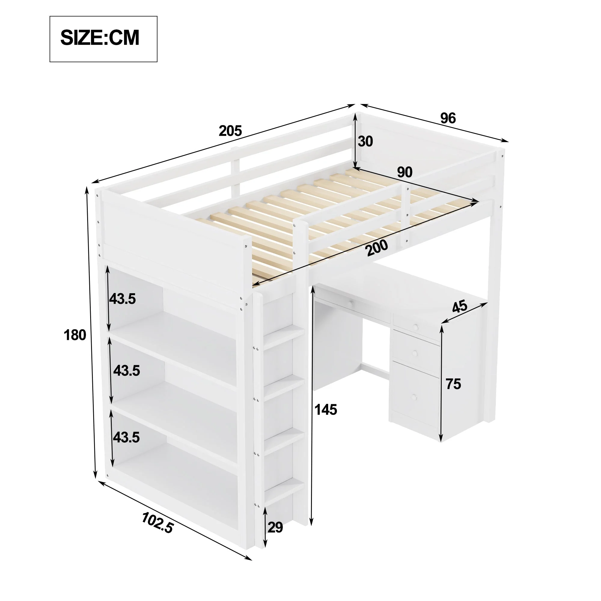 Loft Bed, 90x200 cm, Storage & Desk, Wood White - Image 8