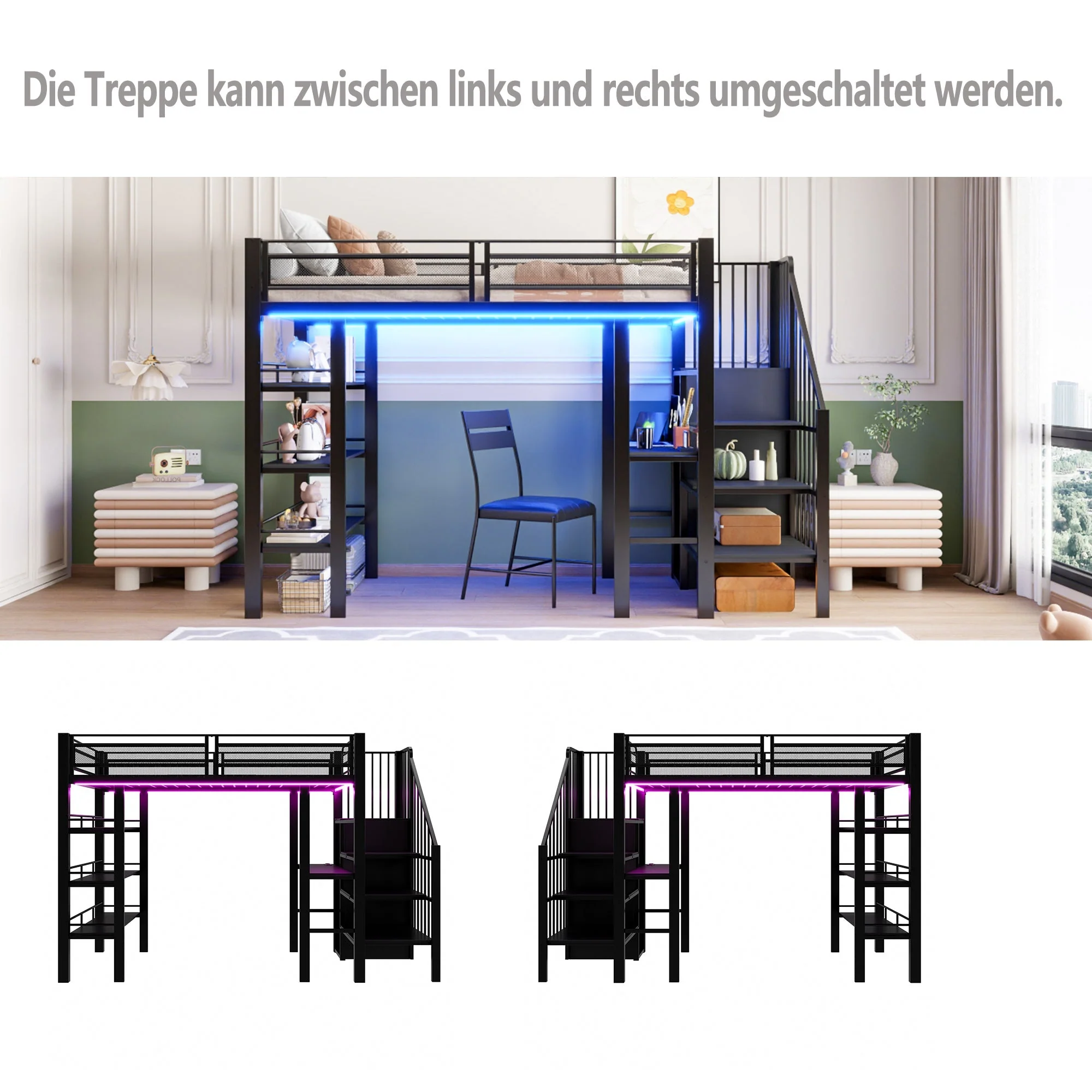 Loft Bed 90x200 LED Light Socket Storage Bookshelf - Black - Image 6