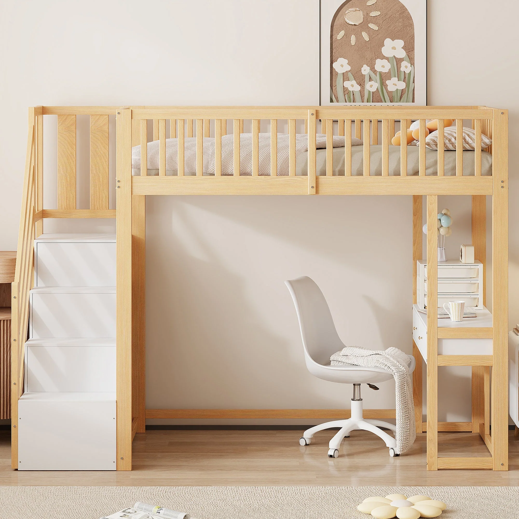 Loft Bed 90x200 Multifunctional Table Storage Stairs, Solid Pine Wood White - Image 2