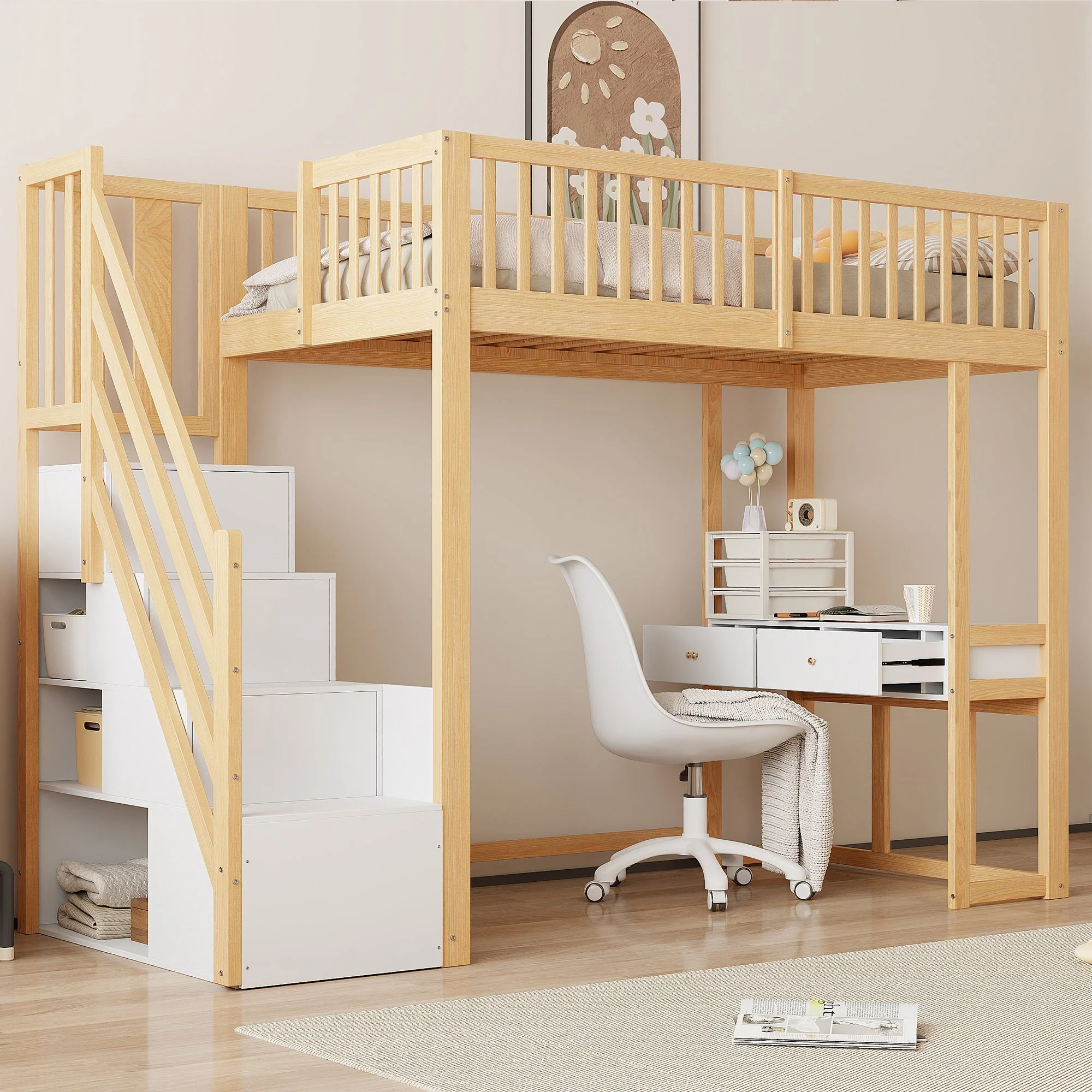 Loft Bed 90x200 Multifunctional Table Storage Stairs, Solid Pine Wood White - Image 3