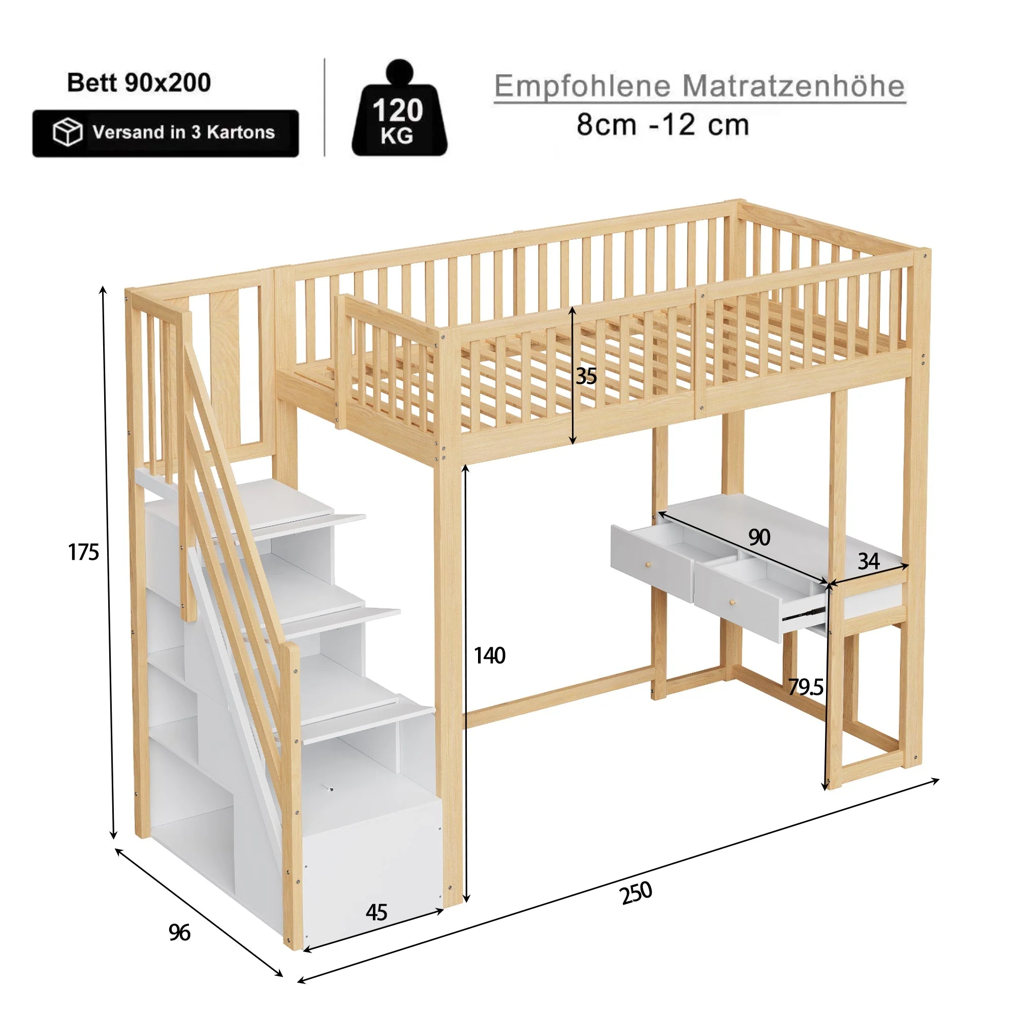 Loft Bed 90x200 Multifunctional Table Storage Stairs, Solid Pine Wood White - Image 4