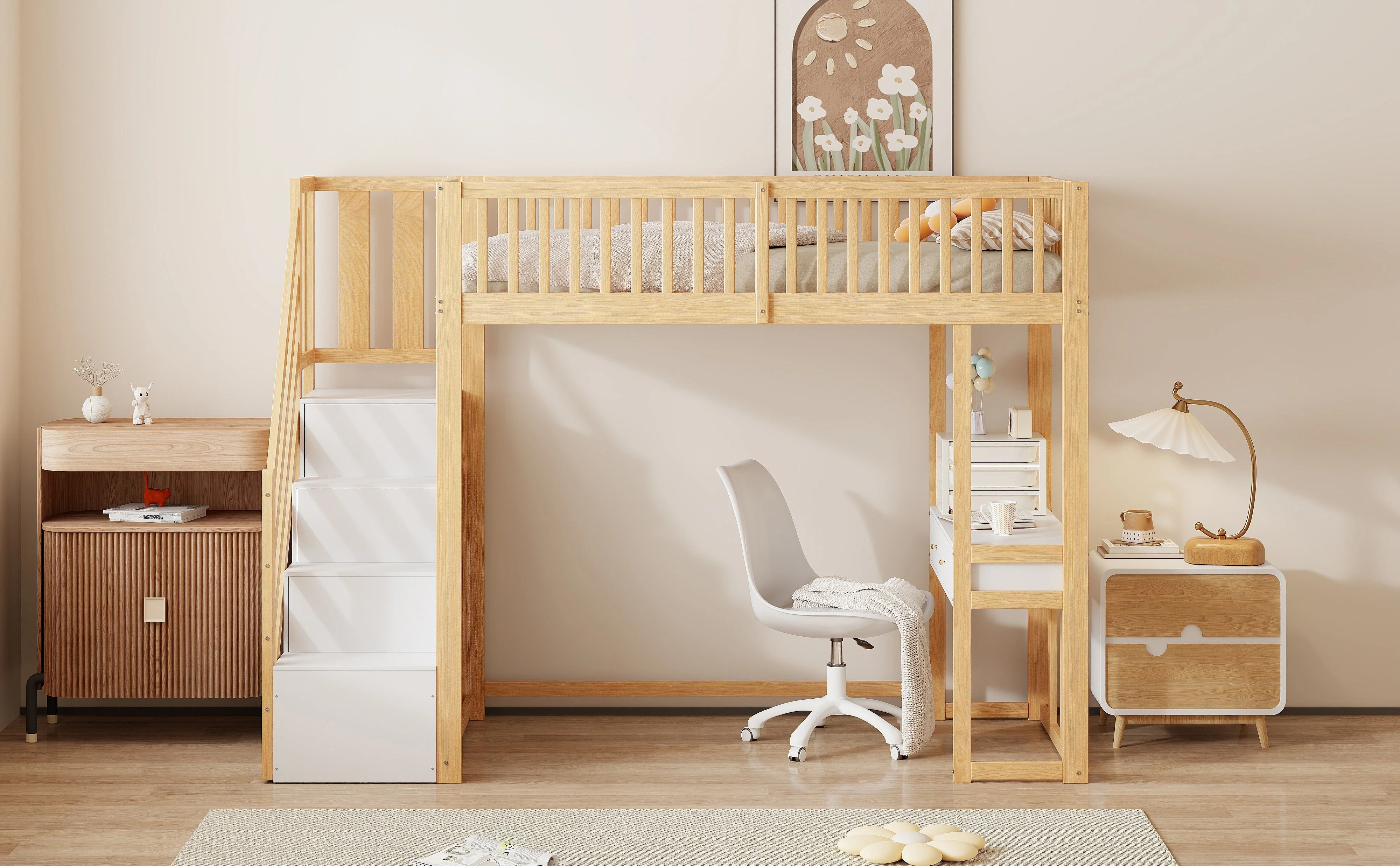 Loft Bed 90x200 Multifunctional Table Storage Stairs, Solid Pine Wood White - Image 5