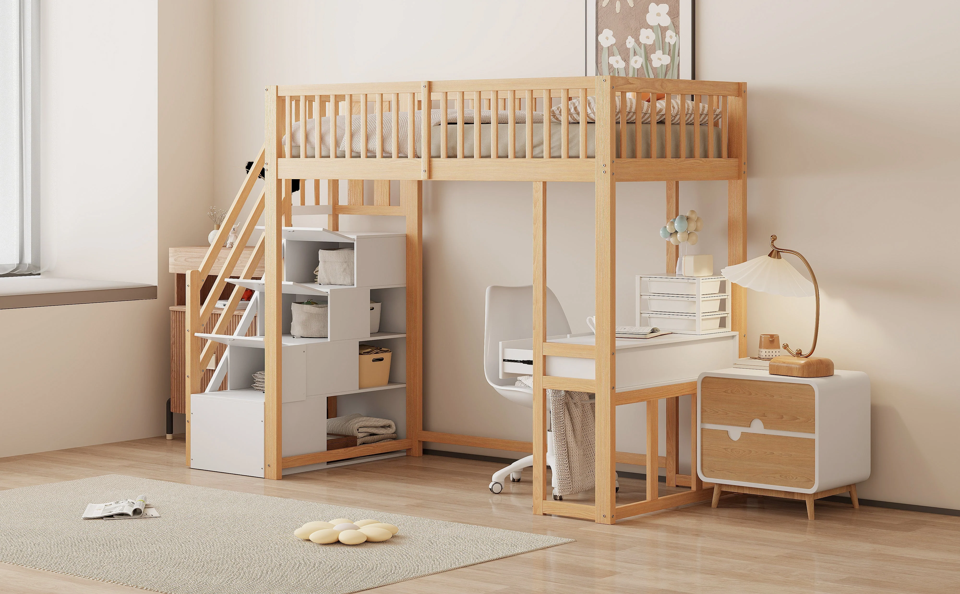 Loft Bed 90x200 Multifunctional Table Storage Stairs, Solid Pine Wood White - Image 6