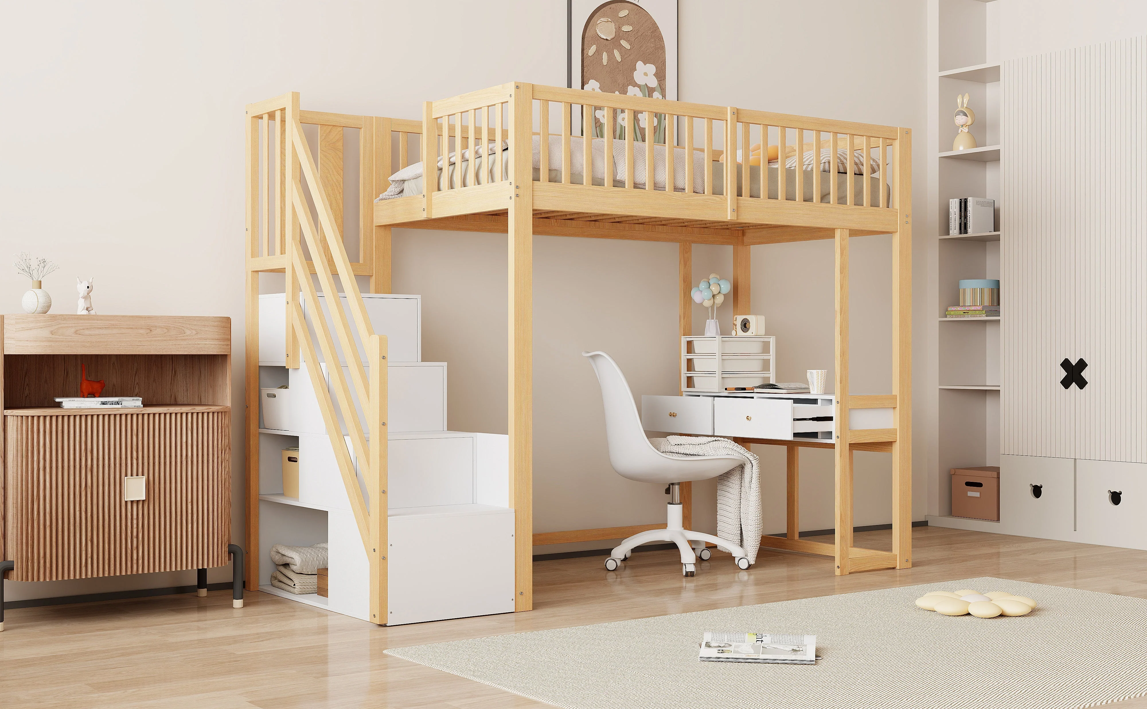 Loft Bed 90x200 Multifunctional Table Storage Stairs, Solid Pine Wood White - Image 7