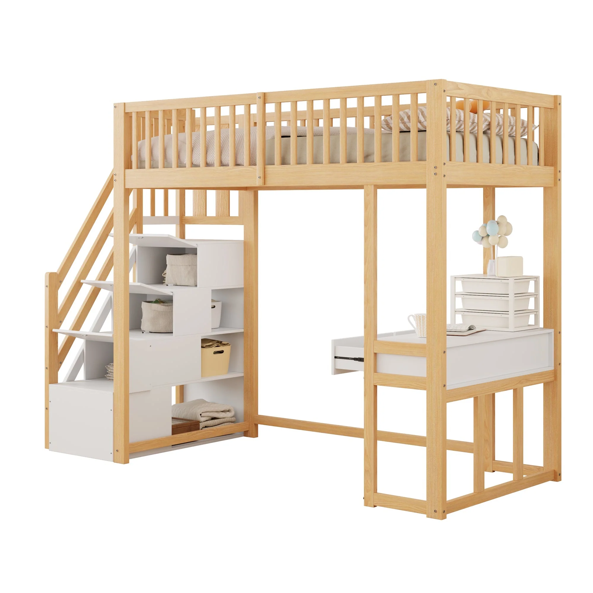 Loft Bed 90x200 Multifunctional Table Storage Stairs, Solid Pine Wood White - Image 8