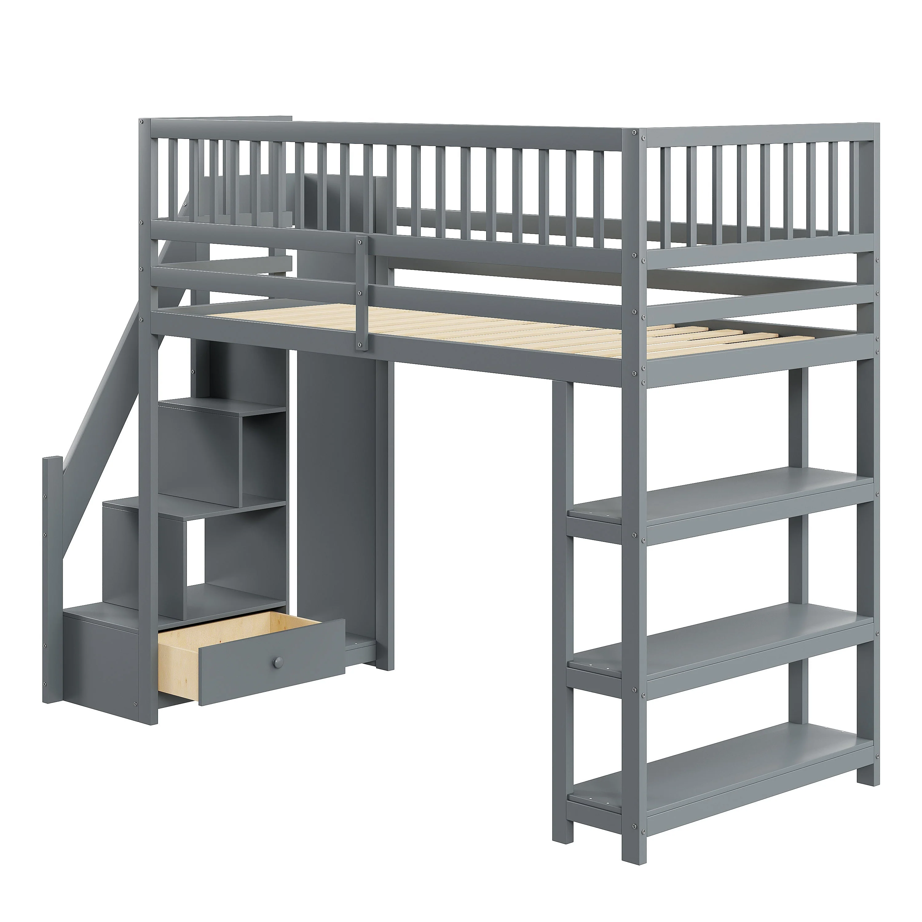 Loft Bed, 90x200 Multifunctional with Wardrobe & Storage, Grey Wooden - Image 5