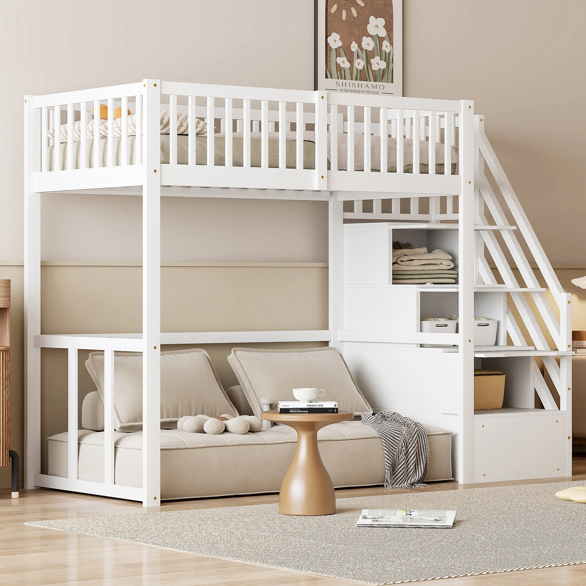 Loft Bed 90x200 Safety Storage Ladder Solid Pine Wood, White - Image 2