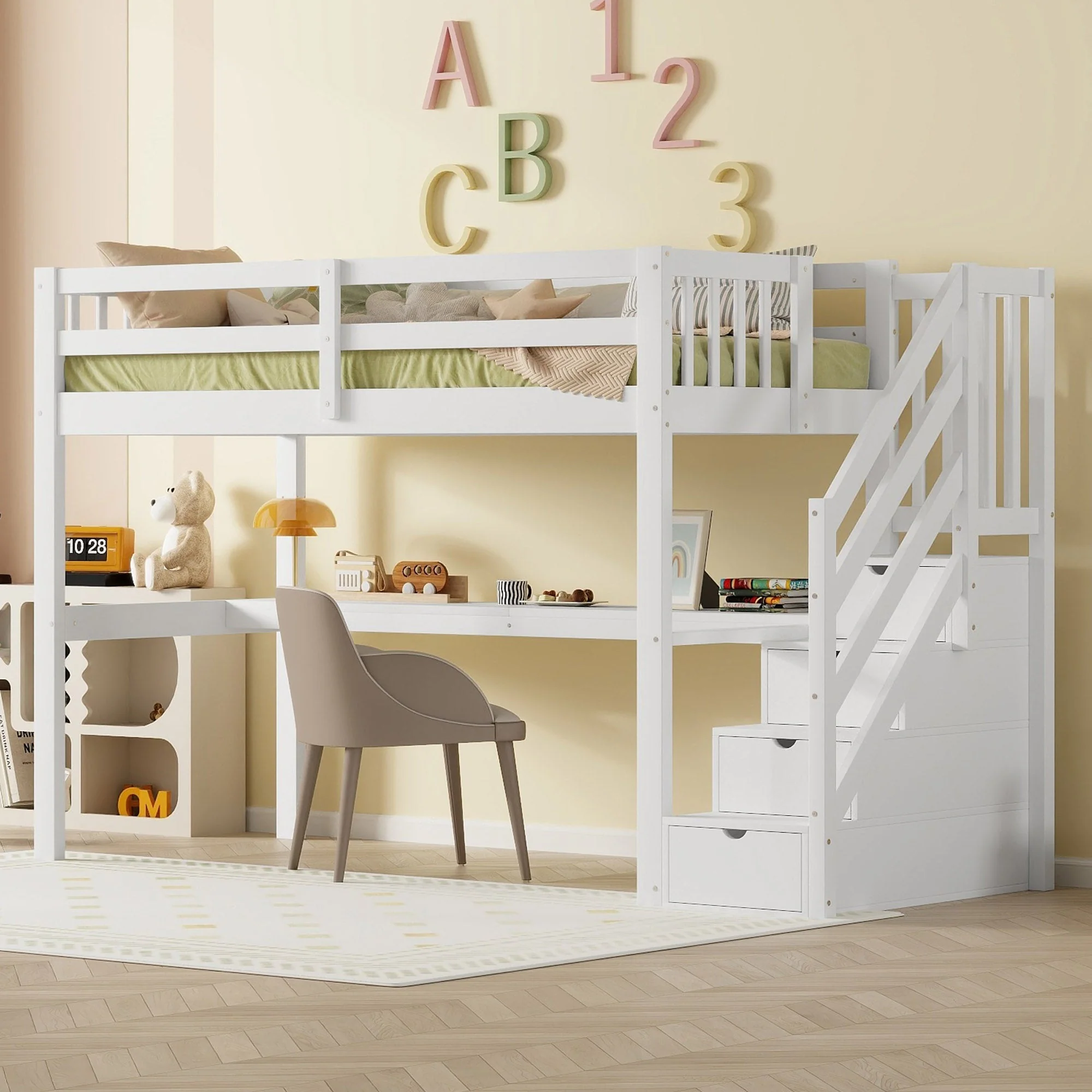Loft Bed 90x200 Storage Drawers Under-Bed Desk - White