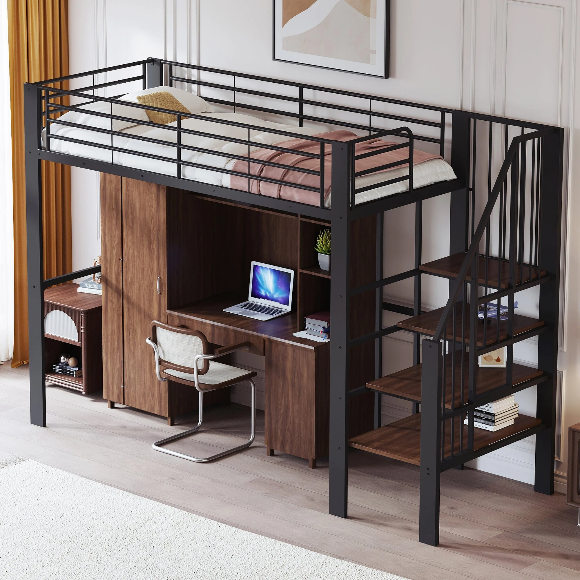 Loft Bed 90x200 Sturdy Construction Storage Stairs Metal - Image 4