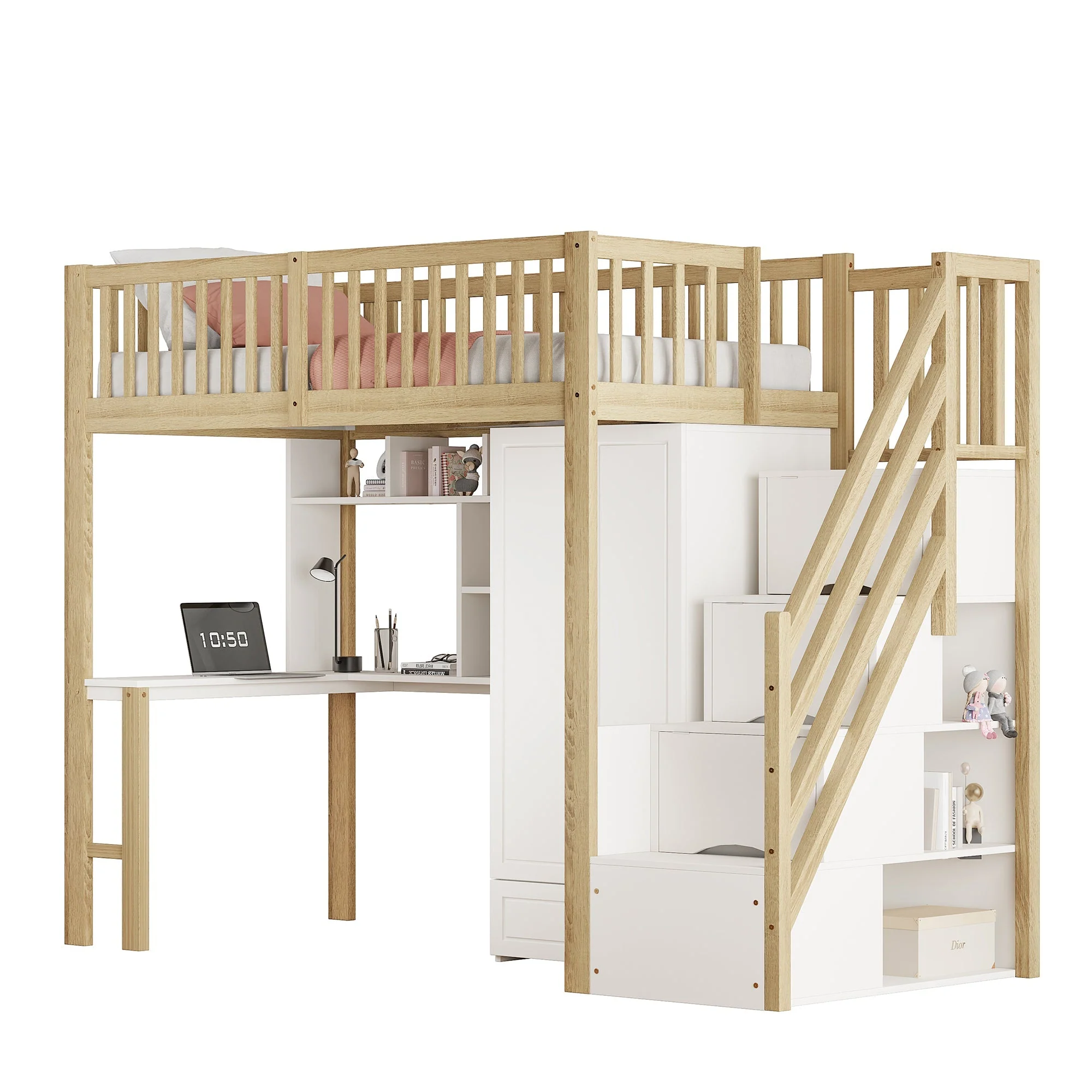 Loft Bed, 90x200 Wardrobe, Shelf, Table, Storage Stairs, Wooden - Image 4