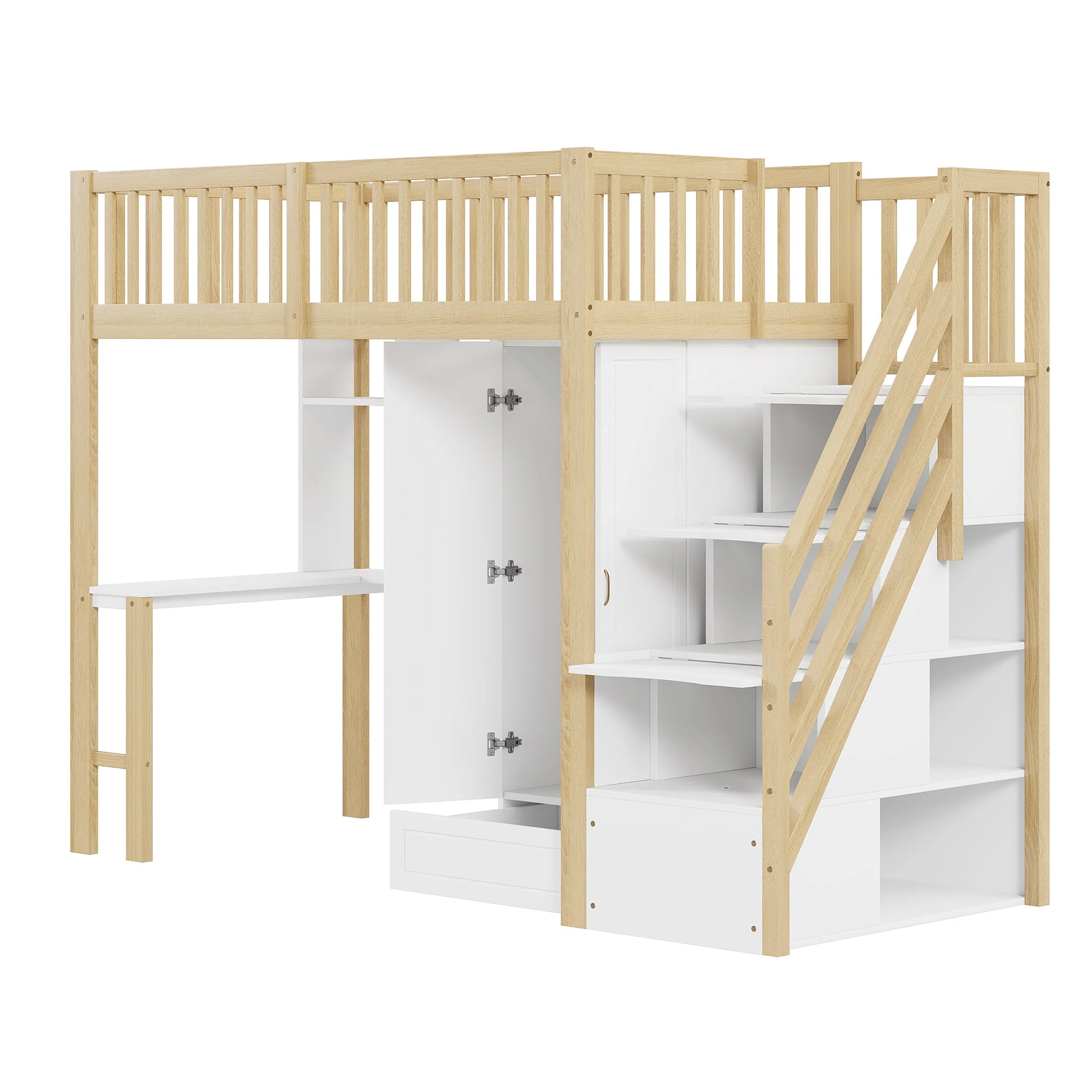 Loft Bed, 90x200 Wardrobe, Shelf, Table, Storage Stairs, Wooden - Image 8
