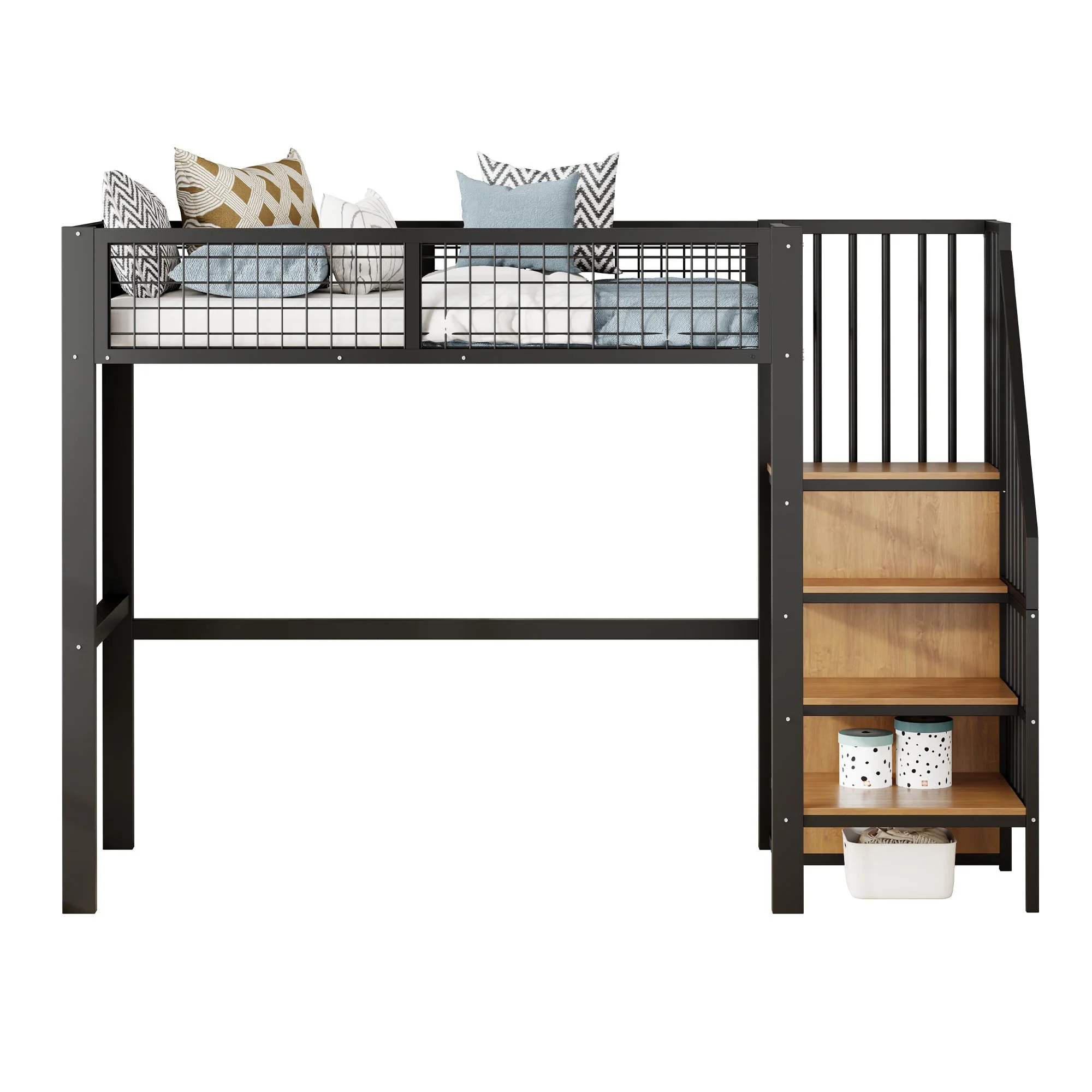 Loft Bed, 90x200 with Ladder & Storage, Iron Frame, Black - Image 10