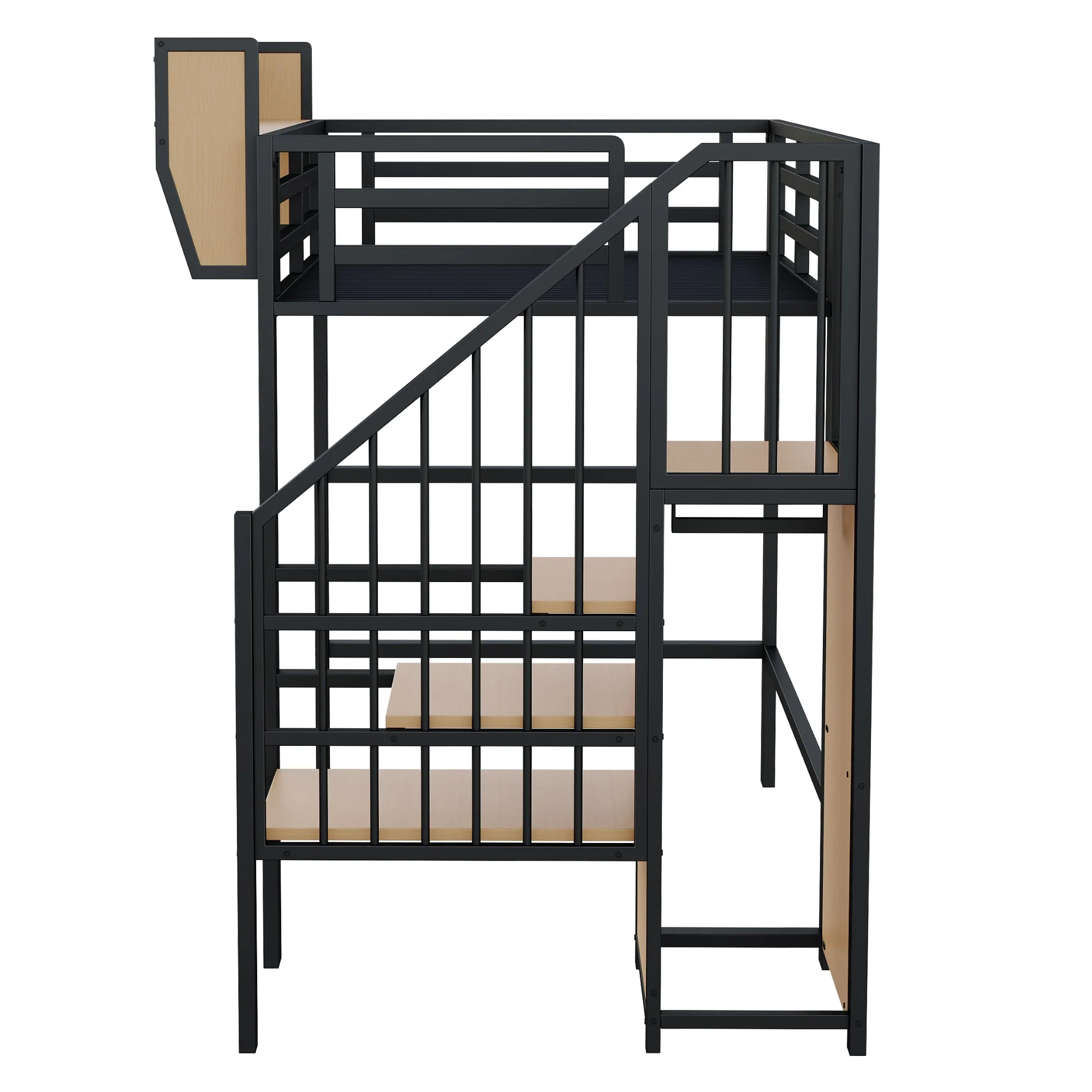 Loft Bed 90x200 with Safety Ladder Storage Bunk Metal, Black - Image 4