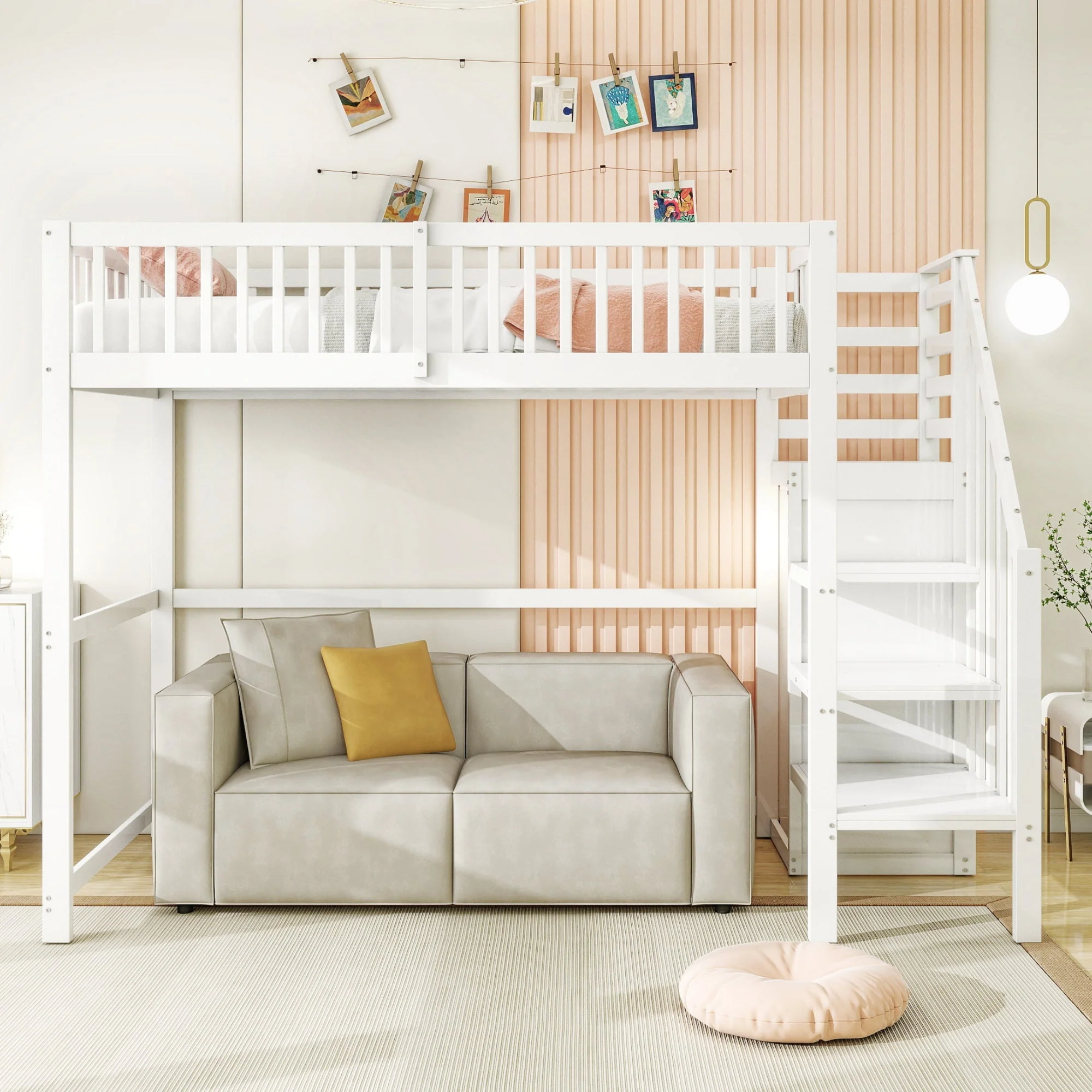 Loft Bed 90x200 with Stairs Storage Shelf Wardrobe, White Wooden - Image 3