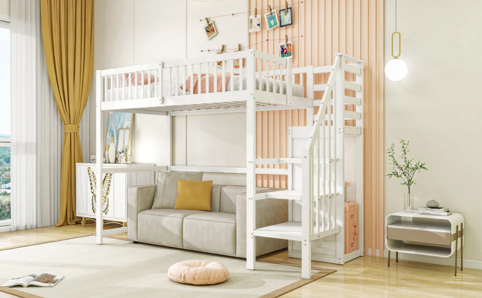 Loft Bed 90x200 with Stairs Storage Shelf Wardrobe, White Wooden - Image 4