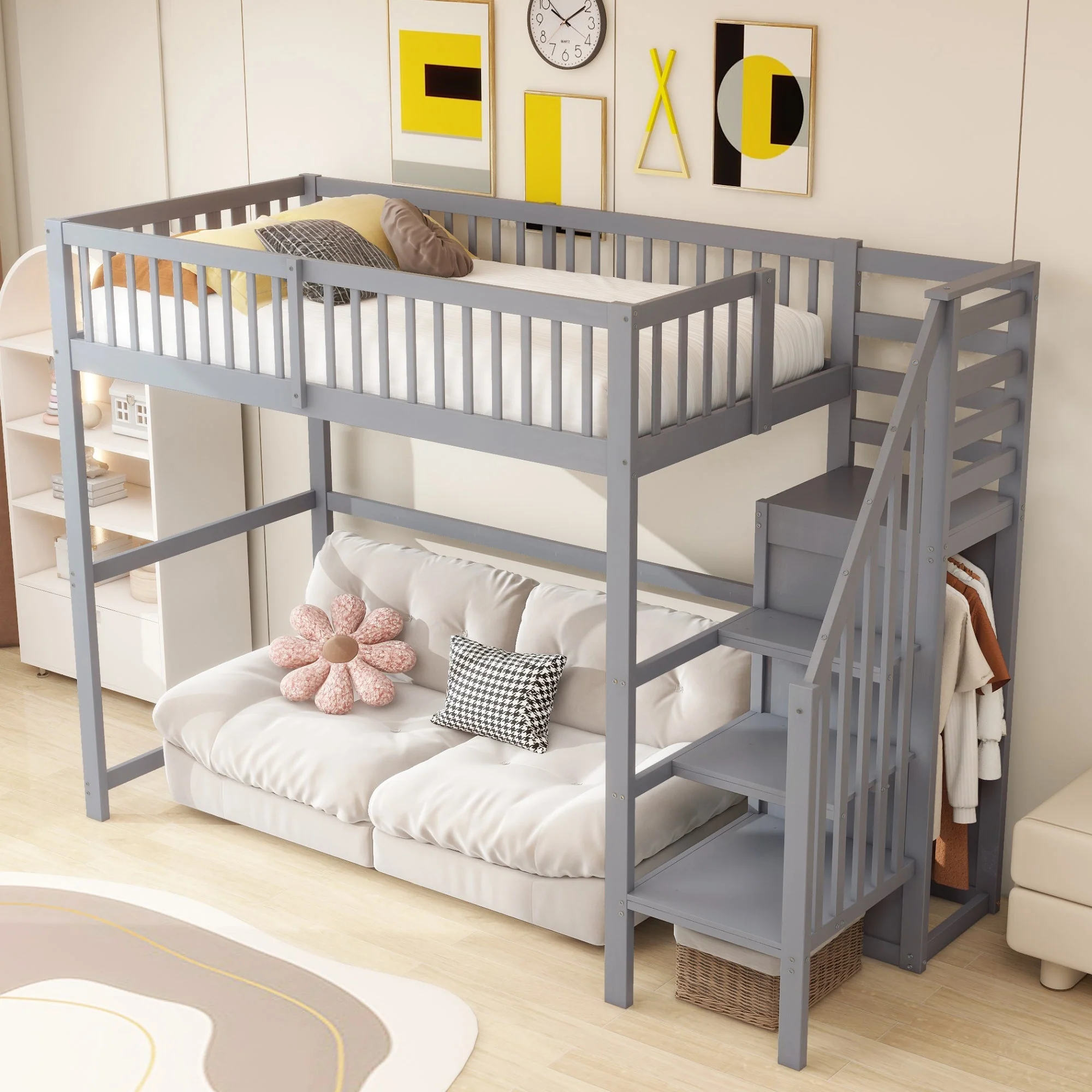 Loft Bed 90x200 with Stairs Storage Shelf Wardrobe Wooden Grey - Image 2