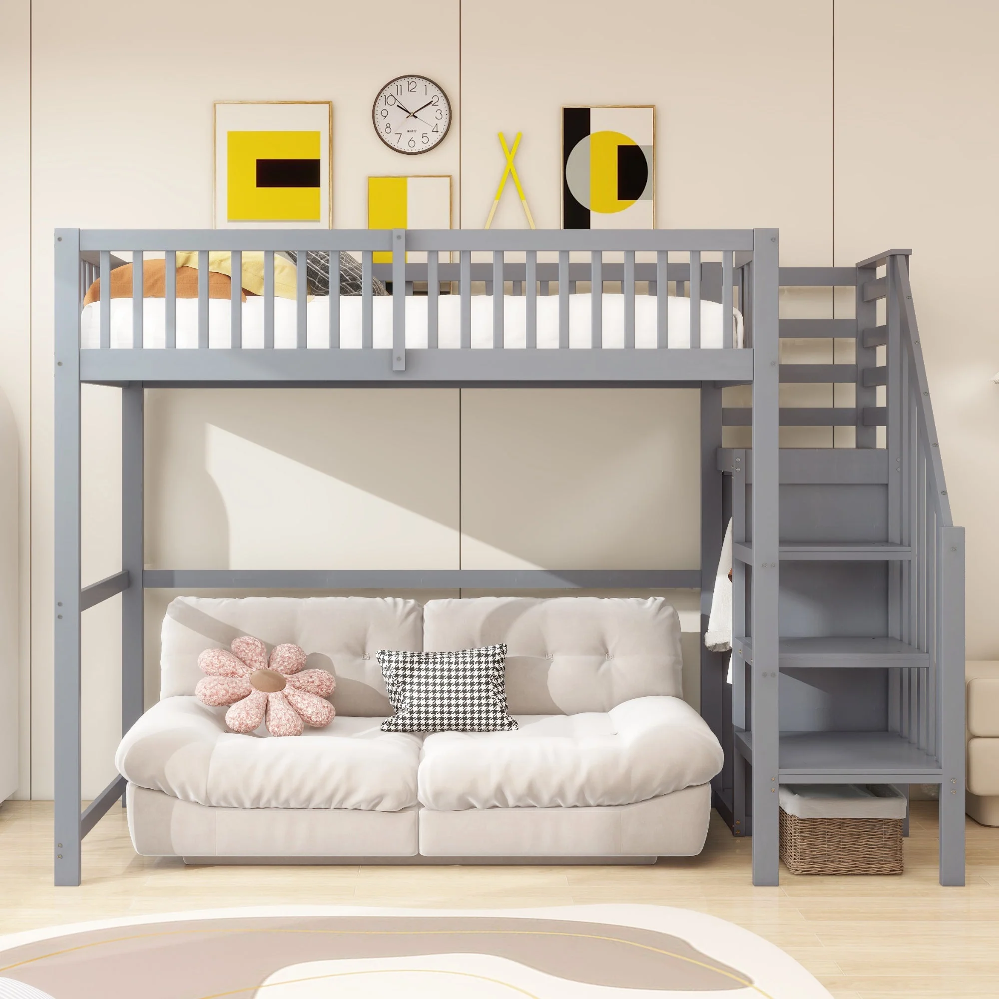 Loft Bed 90x200 with Stairs Storage Shelf Wardrobe Wooden Grey - Image 3