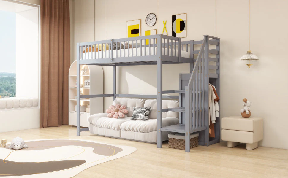 Loft Bed 90x200 with Stairs Storage Shelf Wardrobe Wooden Grey - Image 4