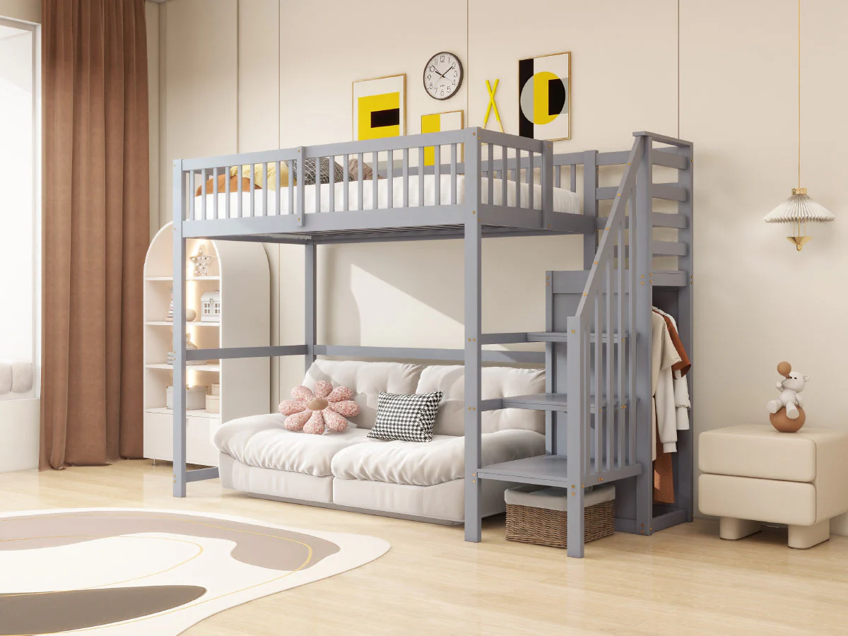 Loft Bed 90x200 with Stairs Storage Shelf Wardrobe Wooden Grey - Image 5