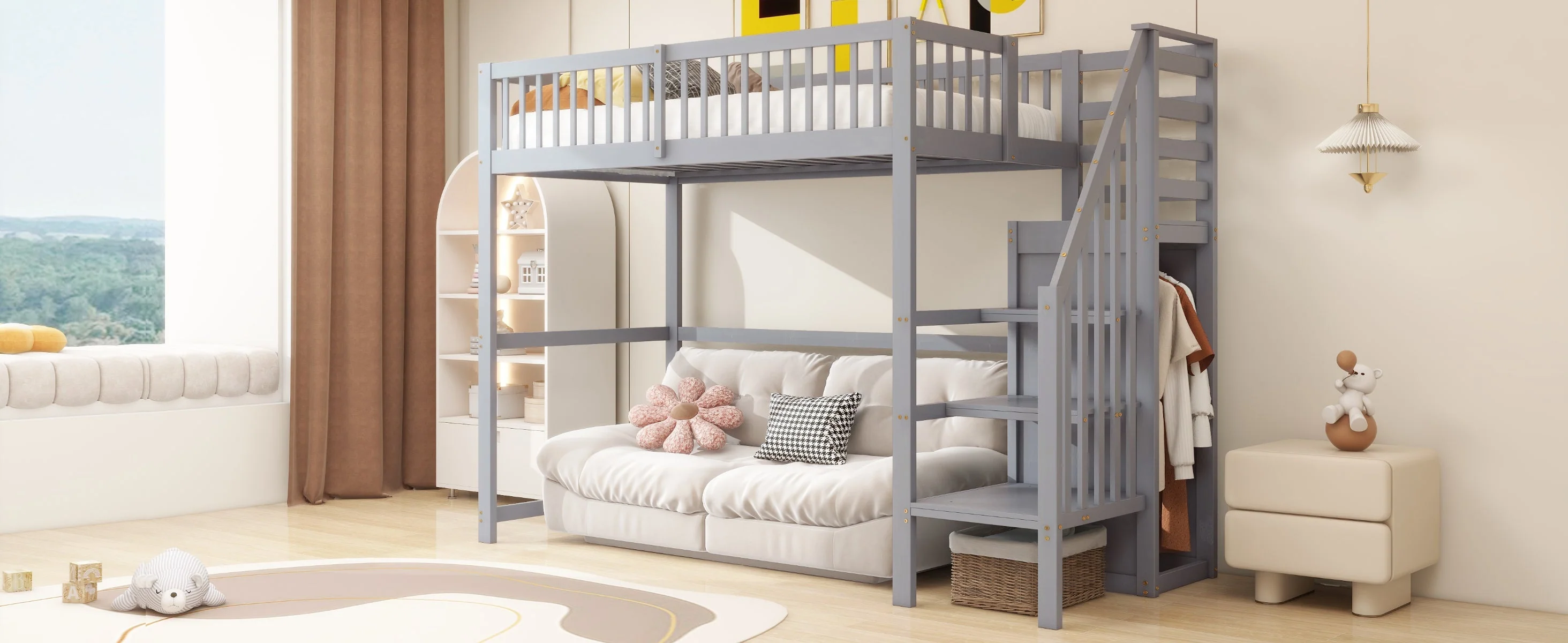 Loft Bed 90x200 with Stairs Storage Shelf Wardrobe Wooden Grey - Image 6