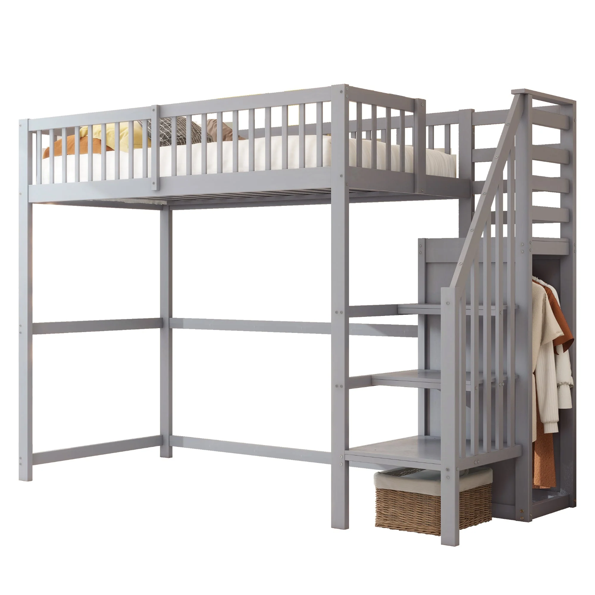 Loft Bed 90x200 with Stairs Storage Shelf Wardrobe Wooden Grey - Image 7