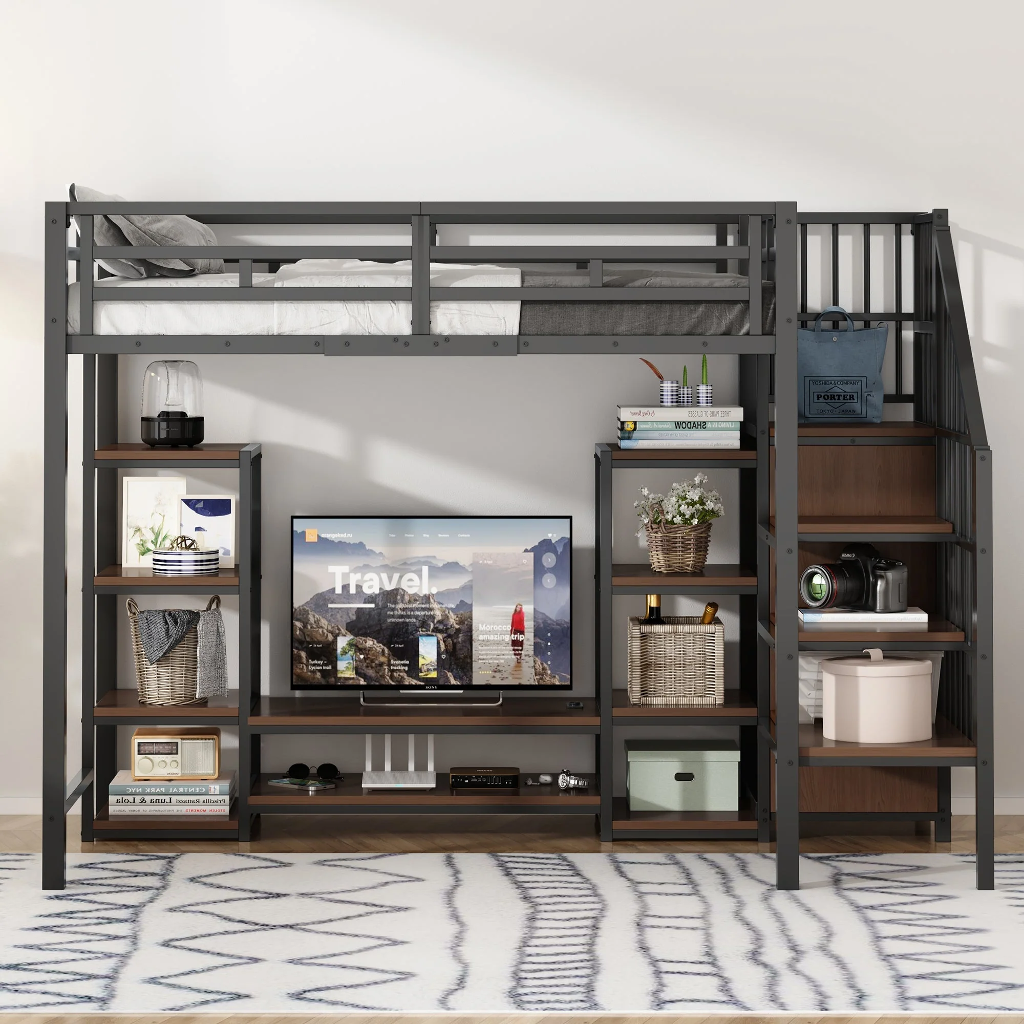 Loft Bed 90x200 with TV Stand Power Outlet Ladder, Metal & Wood Black - Image 2