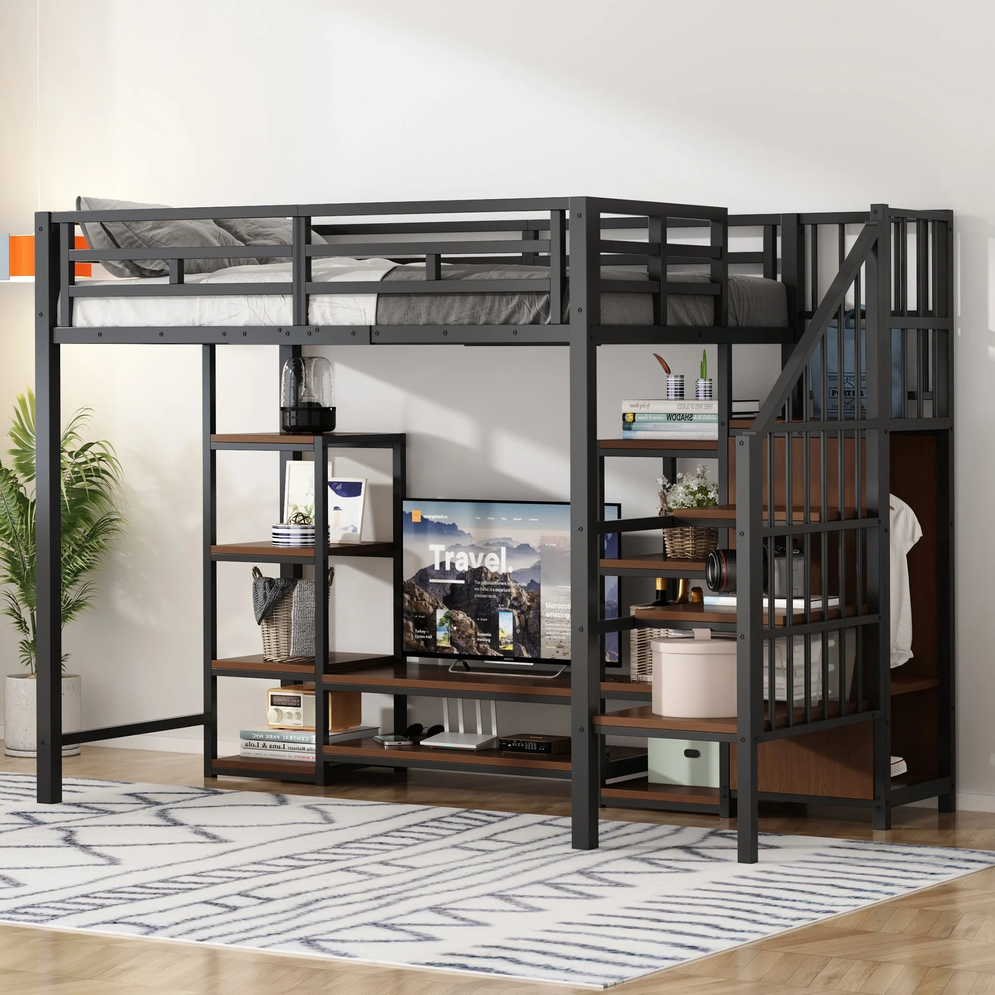 Loft Bed 90x200 with TV Stand Power Outlet Ladder, Metal & Wood Black - Image 3
