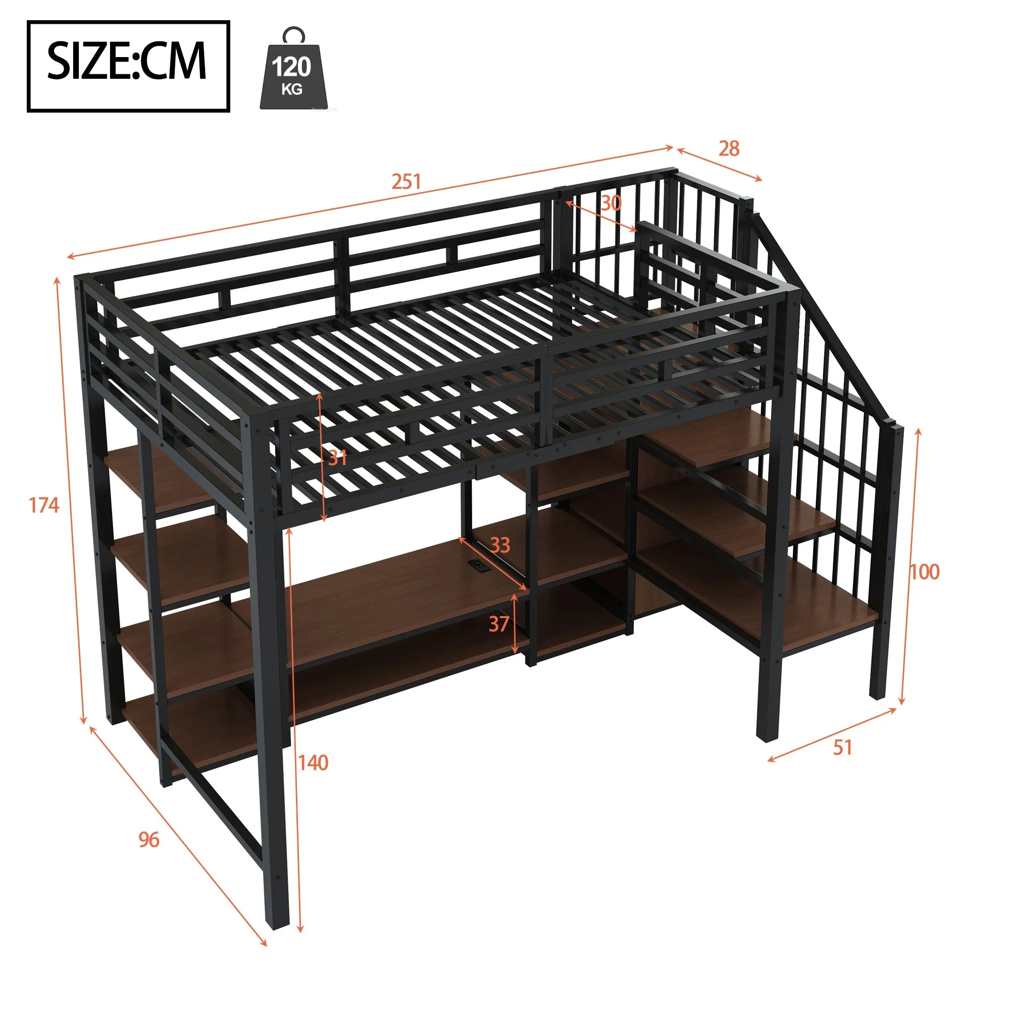Loft Bed 90x200 with TV Stand Power Outlet Ladder, Metal & Wood Black - Image 6