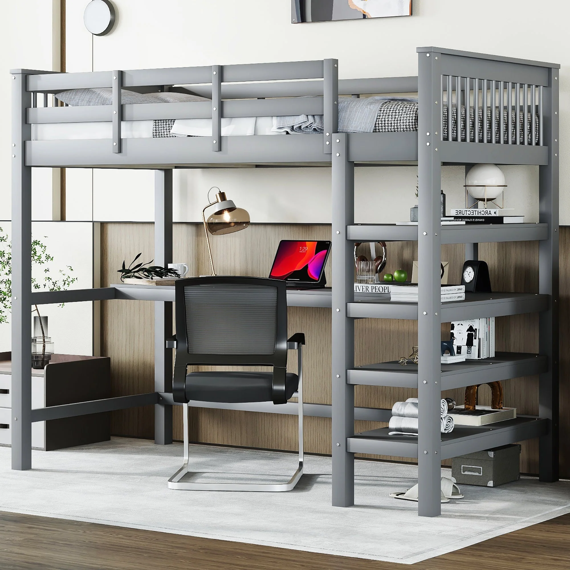 Loft Bed 90x200cm Children's Storage Under-Bed Desk Grey