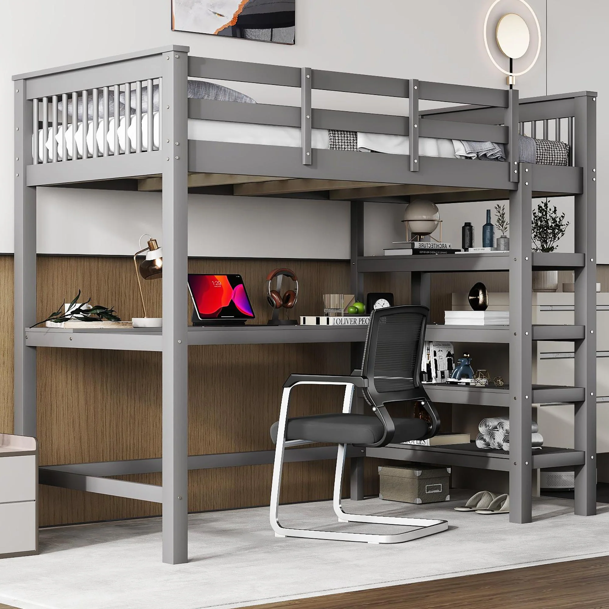 Loft Bed 90x200cm Children's Storage Under-Bed Desk Grey - Image 3