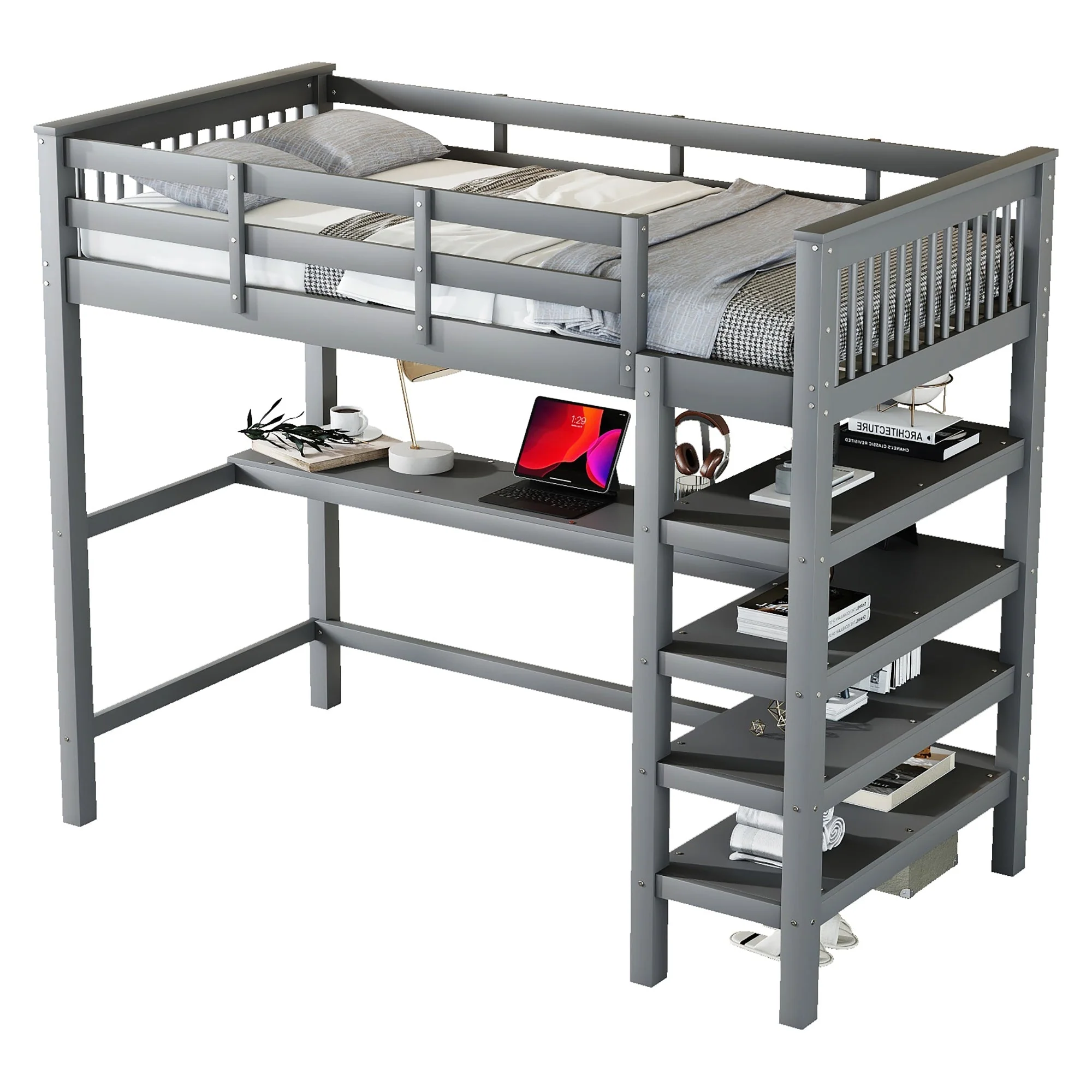 Loft Bed 90x200cm Children's Storage Under-Bed Desk Grey - Image 5