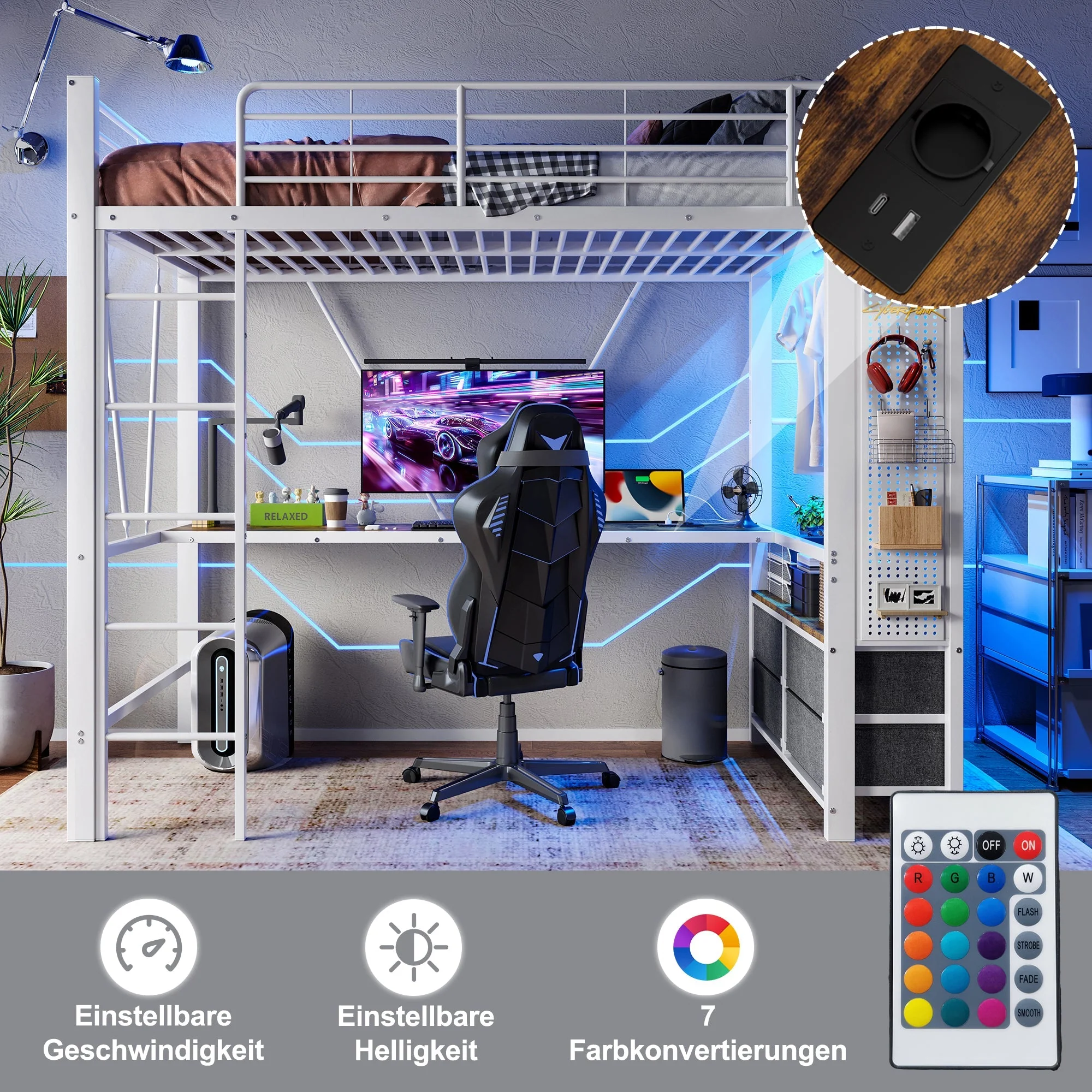 Loft Bed 90x200cm Desk 4 Drawers USB/Type-C LED Pegboard - White Iron - Image 3