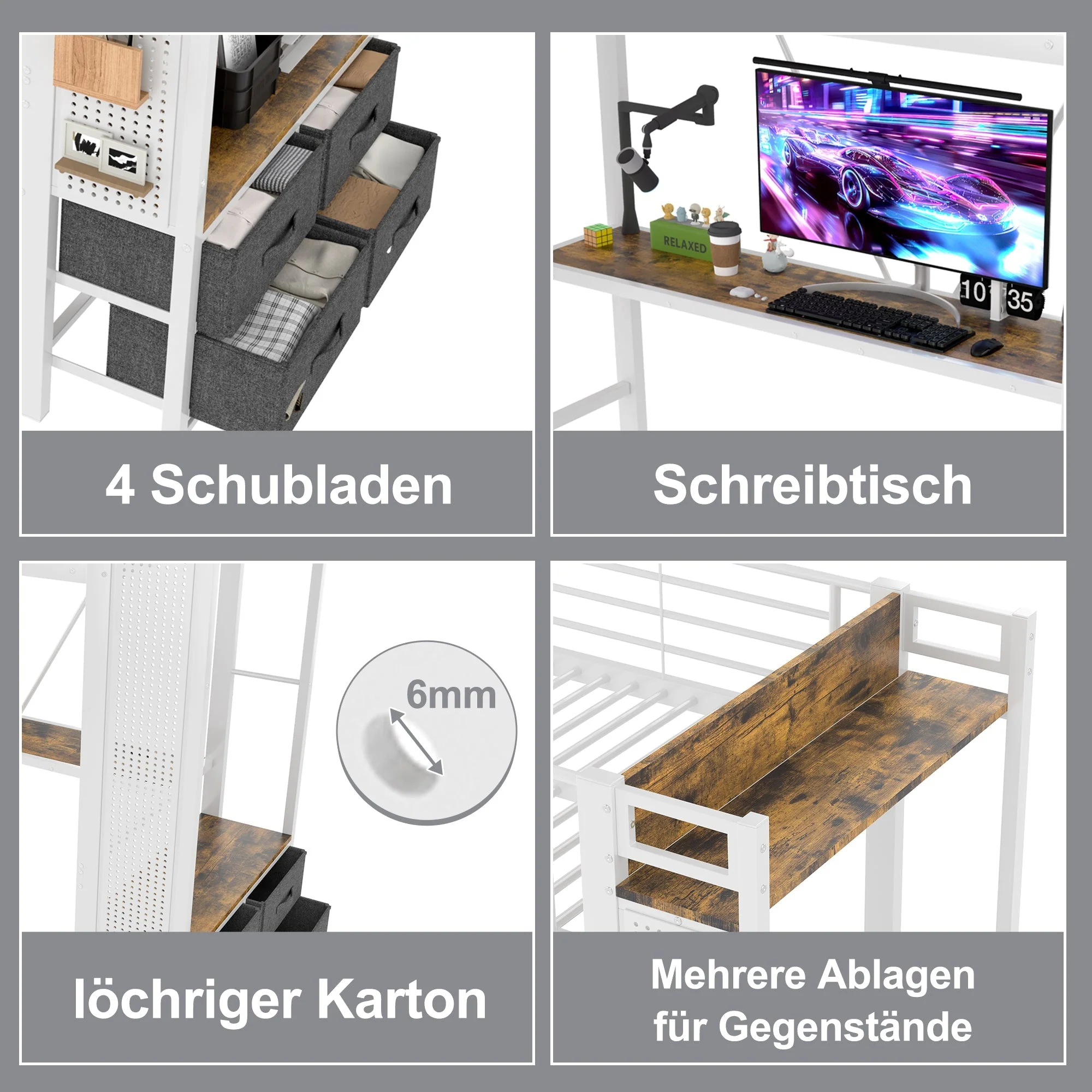 Loft Bed 90x200cm Desk 4 Drawers USB/Type-C LED Pegboard - White Iron - Image 4