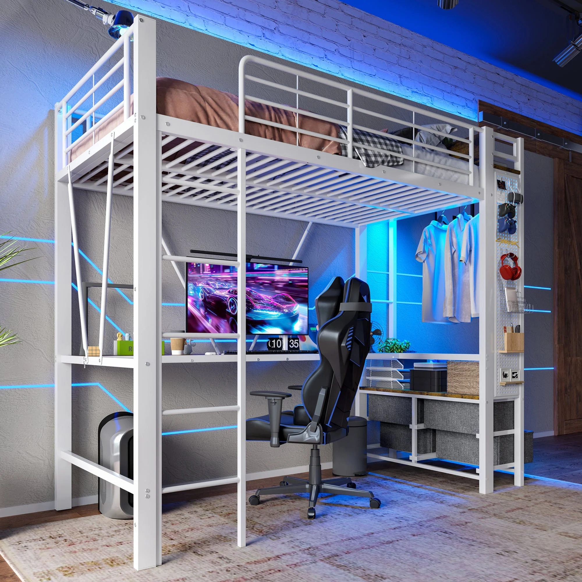 Loft Bed 90x200cm Desk 4 Drawers USB/Type-C LED Pegboard - White Iron - Image 7