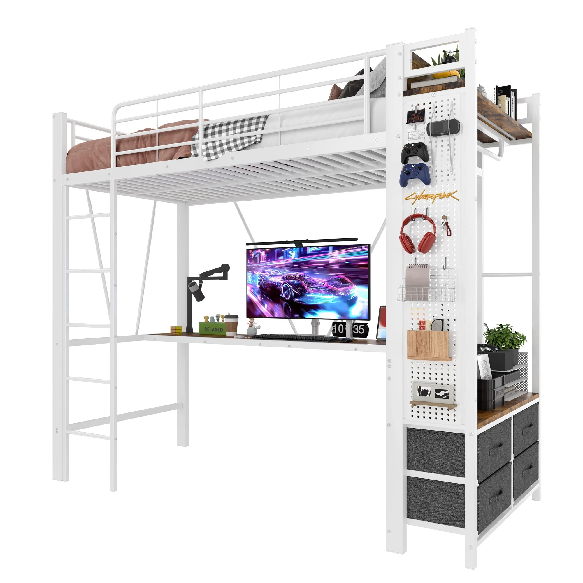 Loft Bed 90x200cm Desk 4 Drawers USB/Type-C LED Pegboard - White Iron - Image 9