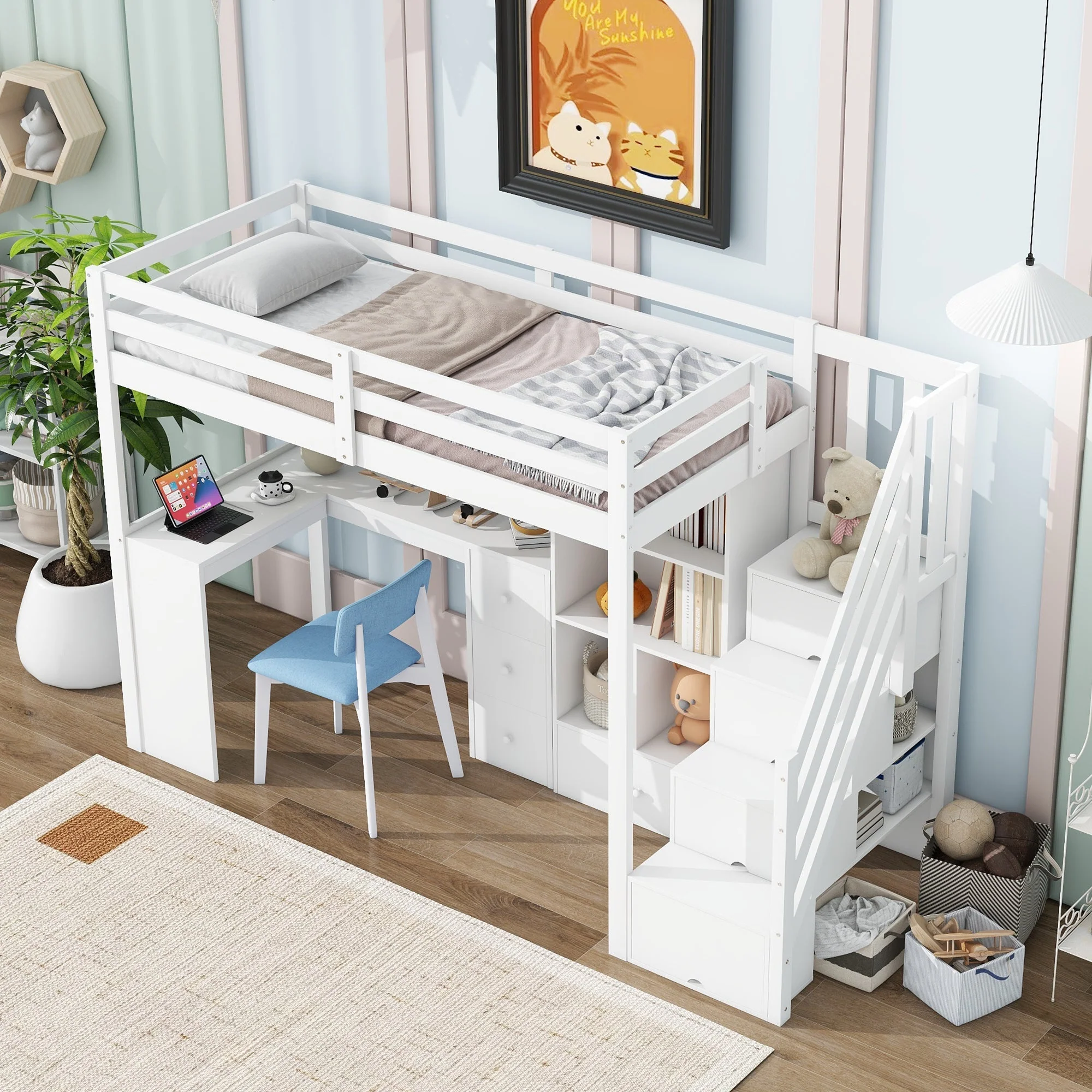 Loft Bed 90x200cm Desk Drawers Storage Stowable Ladder EN 747 Certified White - Image 8