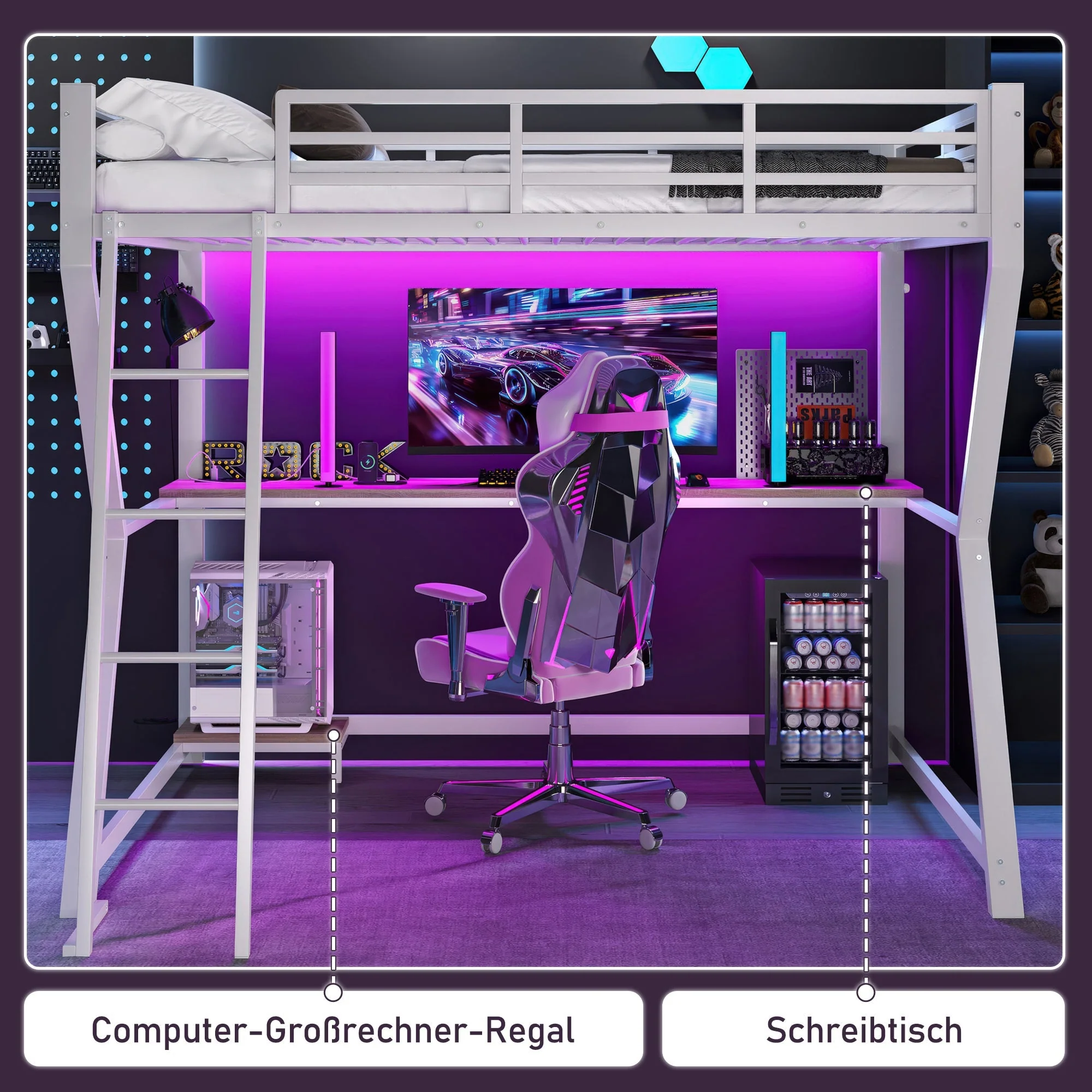 Loft Bed 90x200cm Desk LED USB Port Stairs - White - Image 3