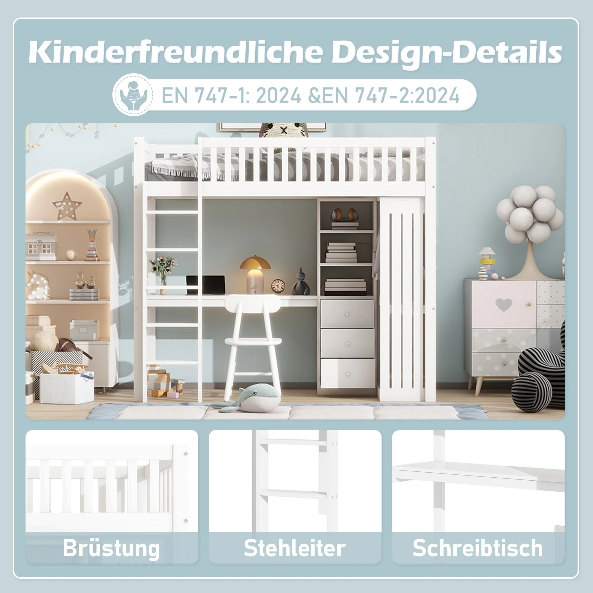 Loft Bed 90x200cm Desk Wardrobe 3 Drawers Stairs - White - Image 3
