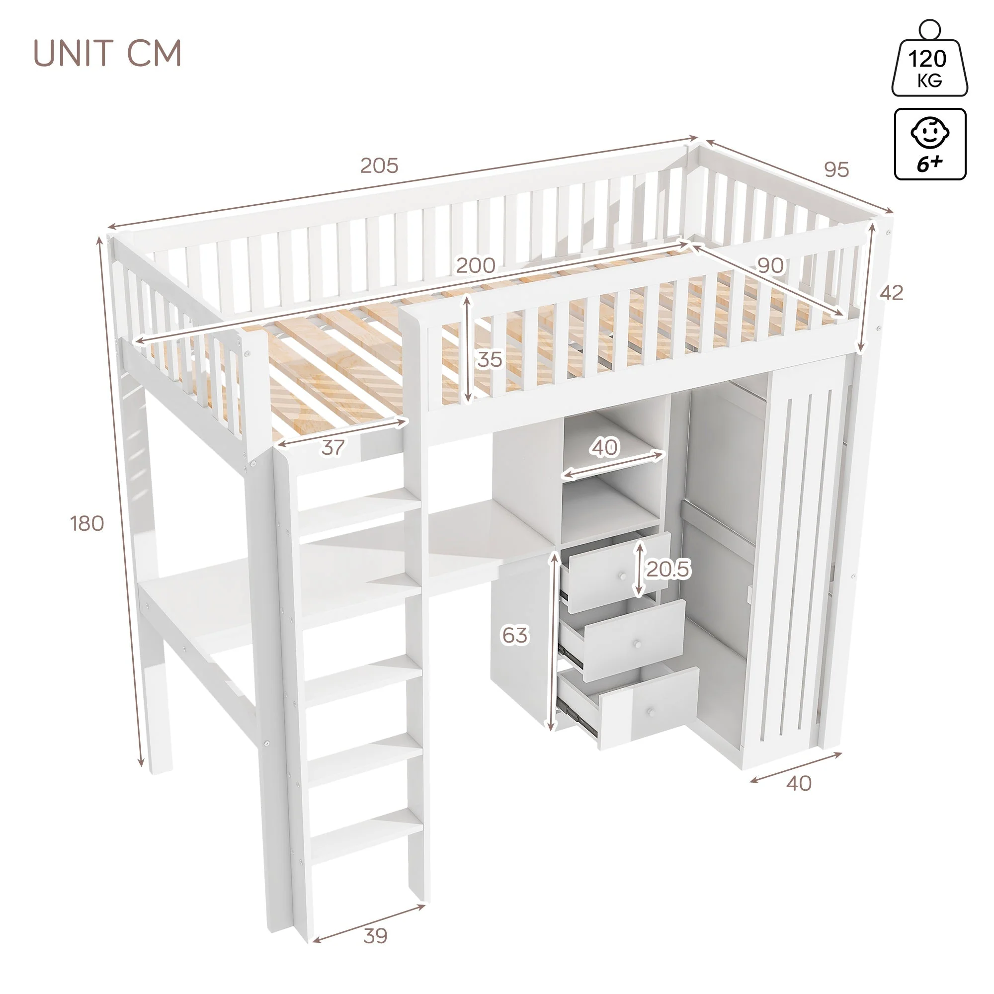 Loft Bed 90x200cm Desk Wardrobe 3 Drawers Stairs - White - Image 8