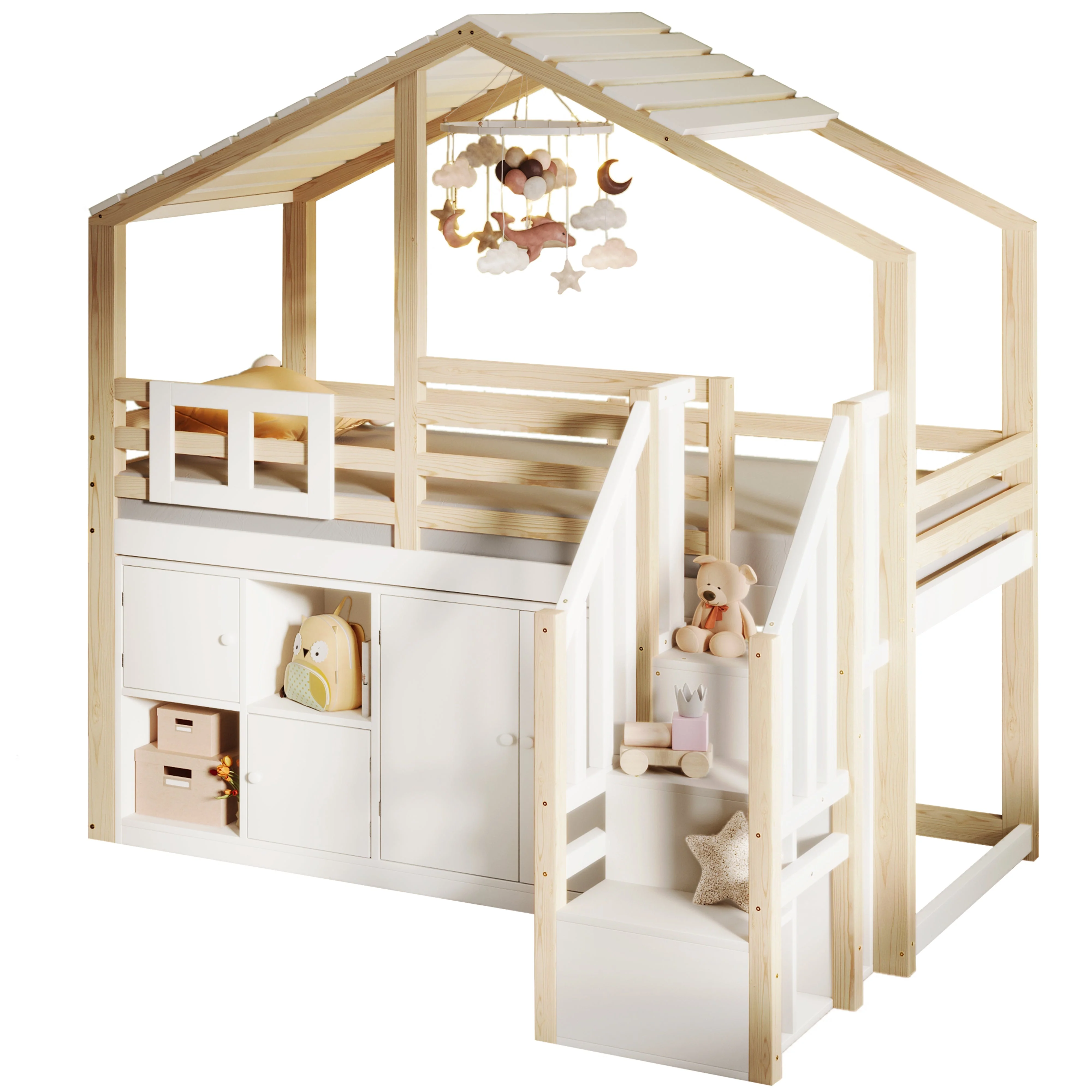 Loft Bed 90x200cm House Design Storage Ladder Lockers - White/Natural - Image 7
